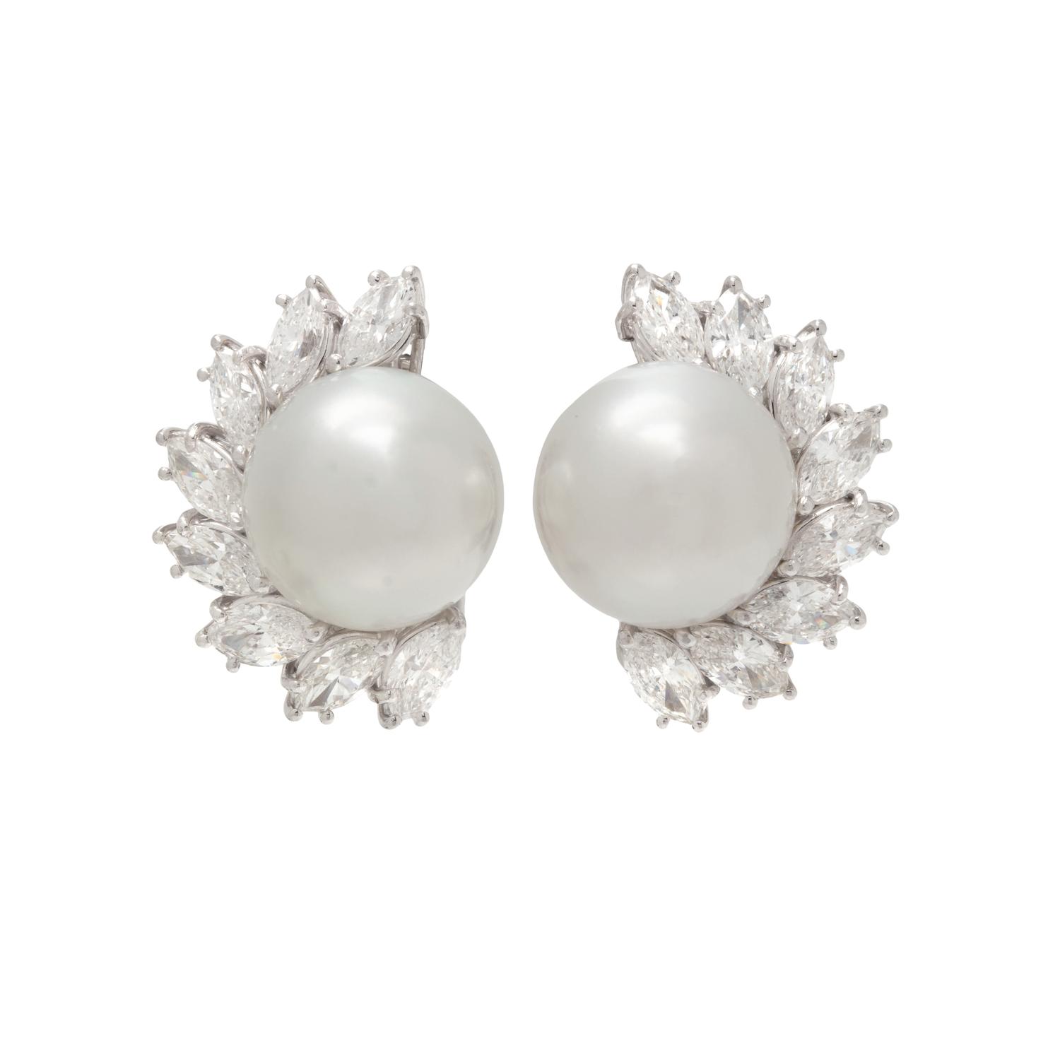 CULTURED SOUTH SEA PEARL AND DIAMOND EARCLIPS