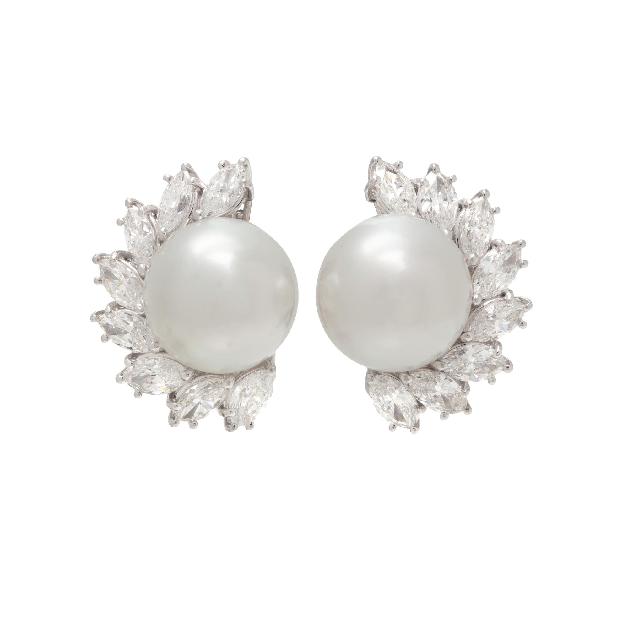 CULTURED SOUTH SEA PEARL AND DIAMOND EARCLIPS