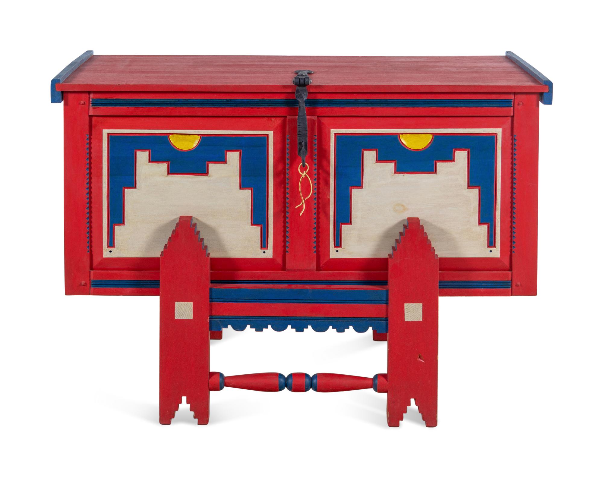 An American Southwest Painted Linen Chest on Stand