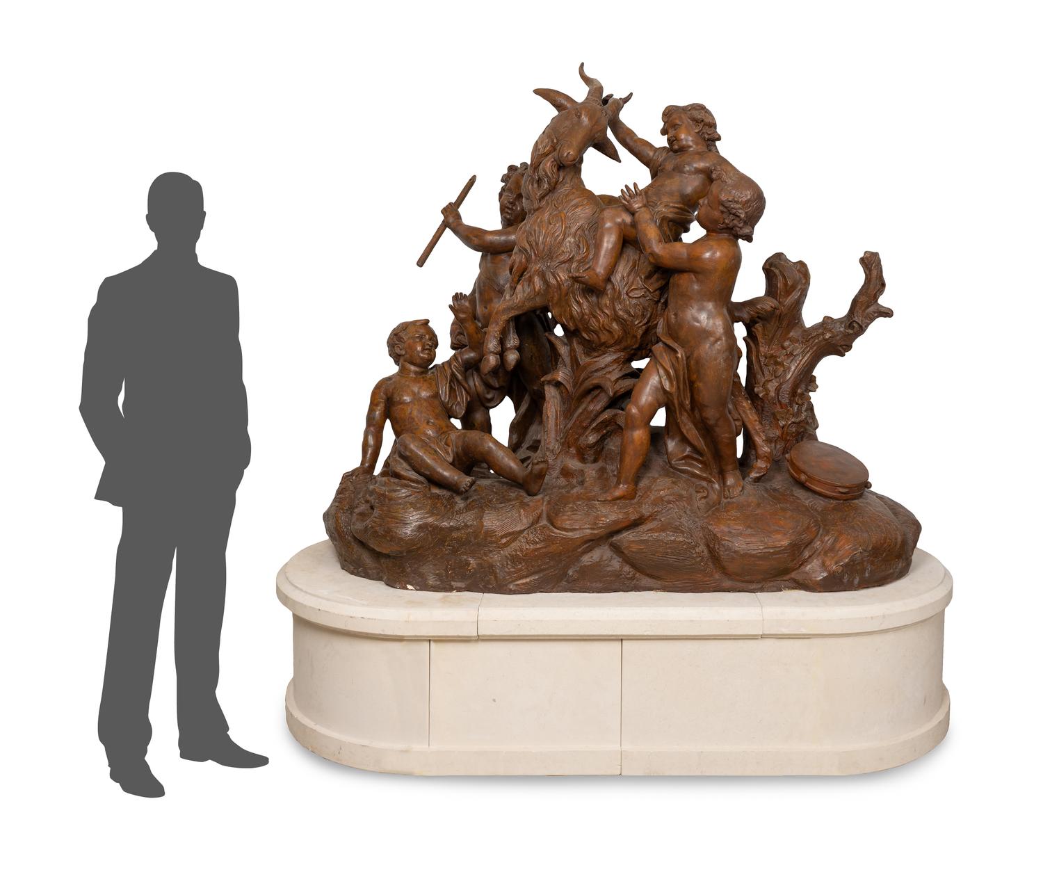 An Important Monumental Terracotta Group by Maison Gossin Frères Depicting Bacchanal Putti with Goat