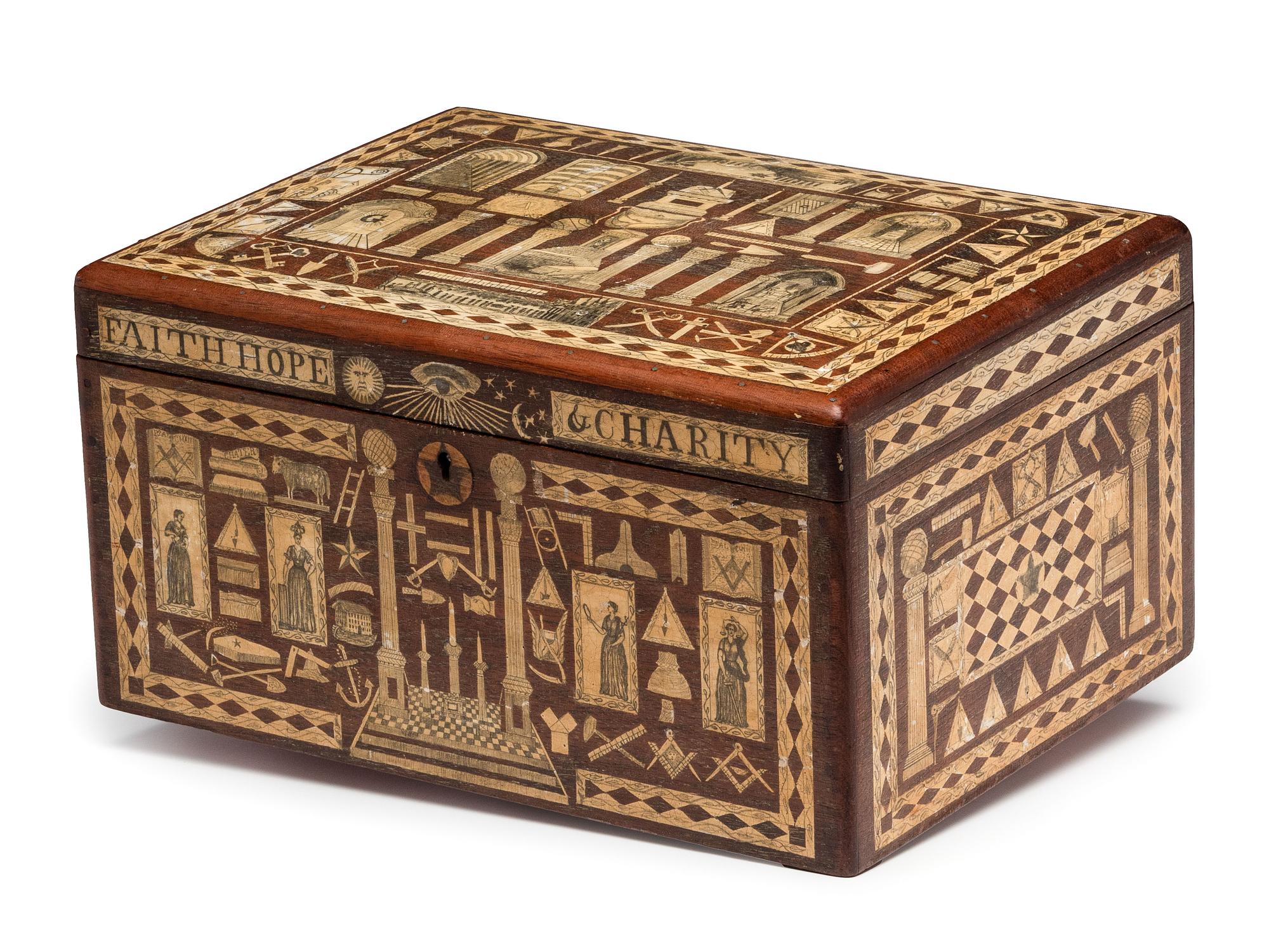 An American Scottish Rite Masonic-Decorated Sulphur Inlaid and Penwork Walnut Cash Box