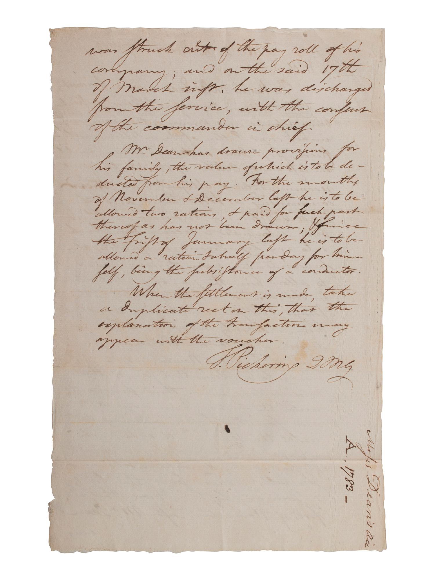 PICKERING, Timothy (1745-1829). Autograph letter signed ("T. Pickering QMG") as Quartermaster General of the Continental Army. Newburgh, 17 March 1783.