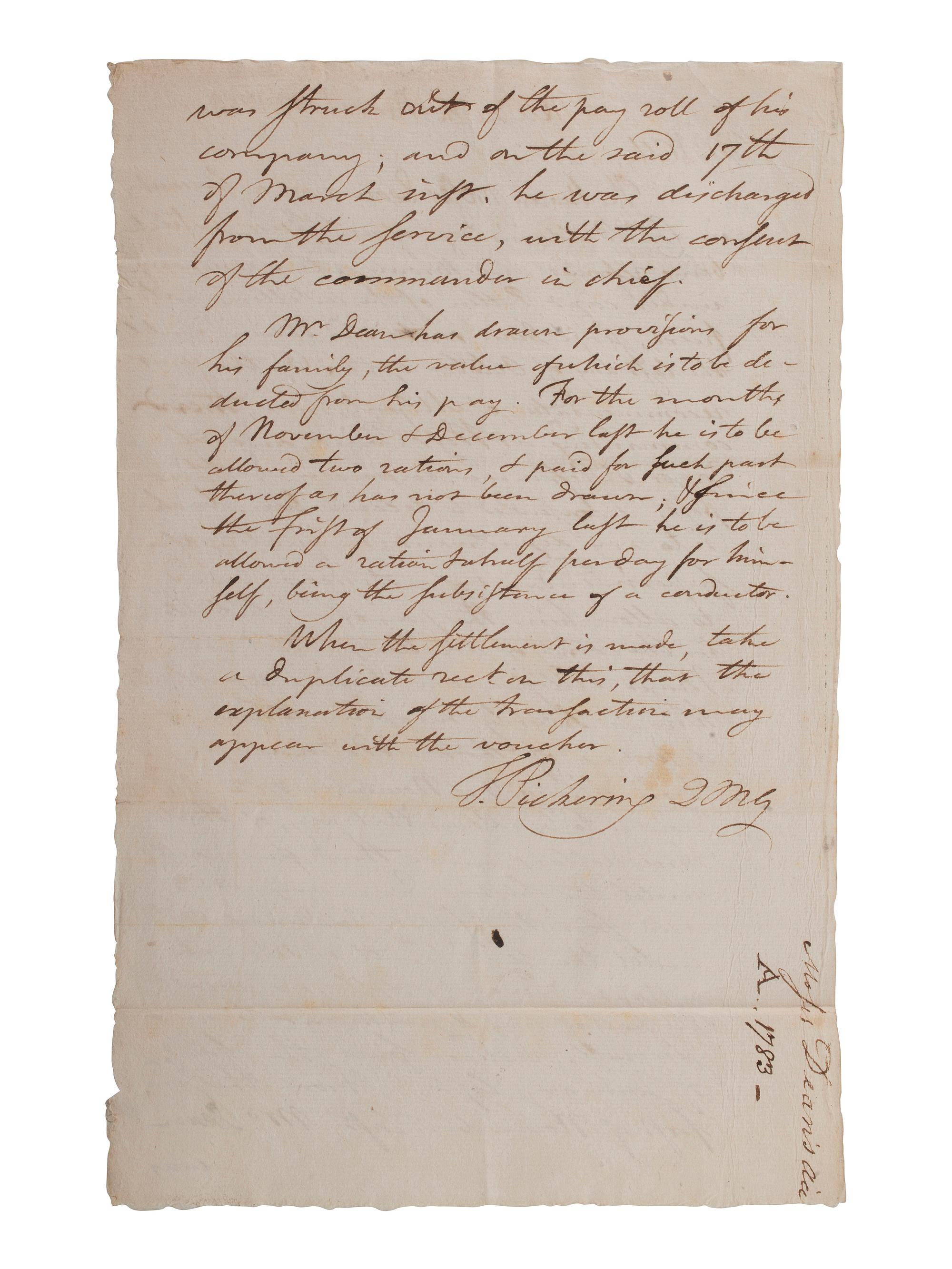 PICKERING, Timothy (1745-1829). Autograph letter signed ("T. Pickering QMG") as Quartermaster General of the Continental Army. Newburgh, 17 March 1783.