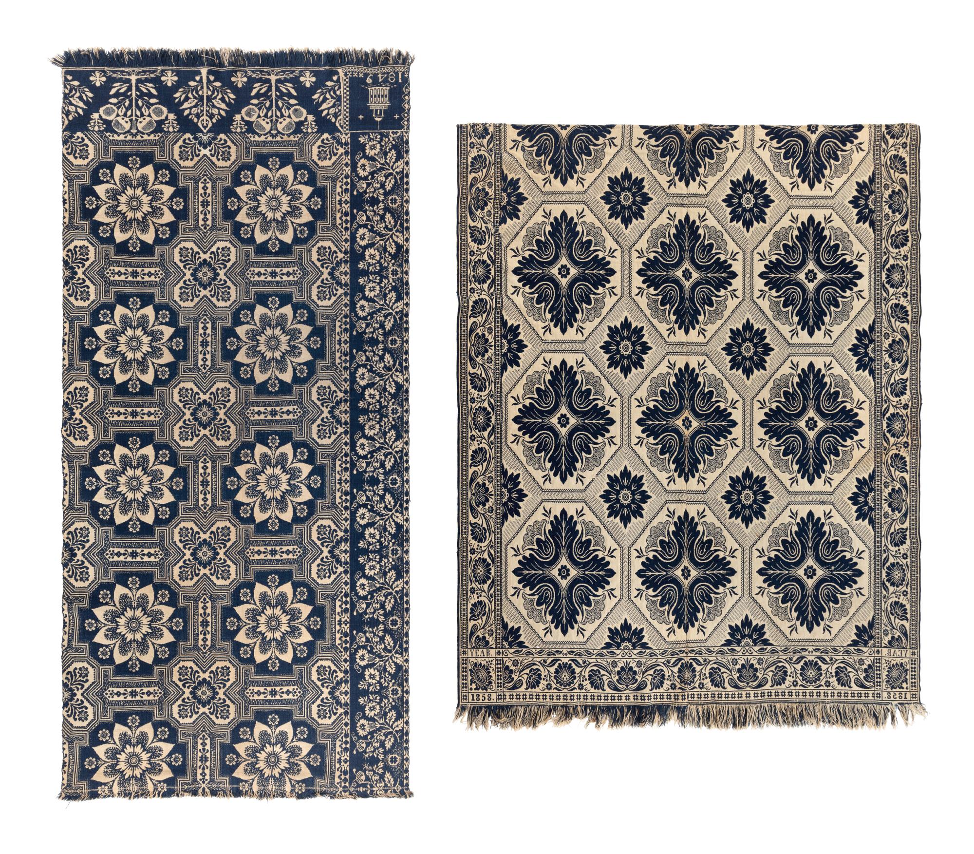 Two Jacquard Woven Cotton and Wool Coverlets