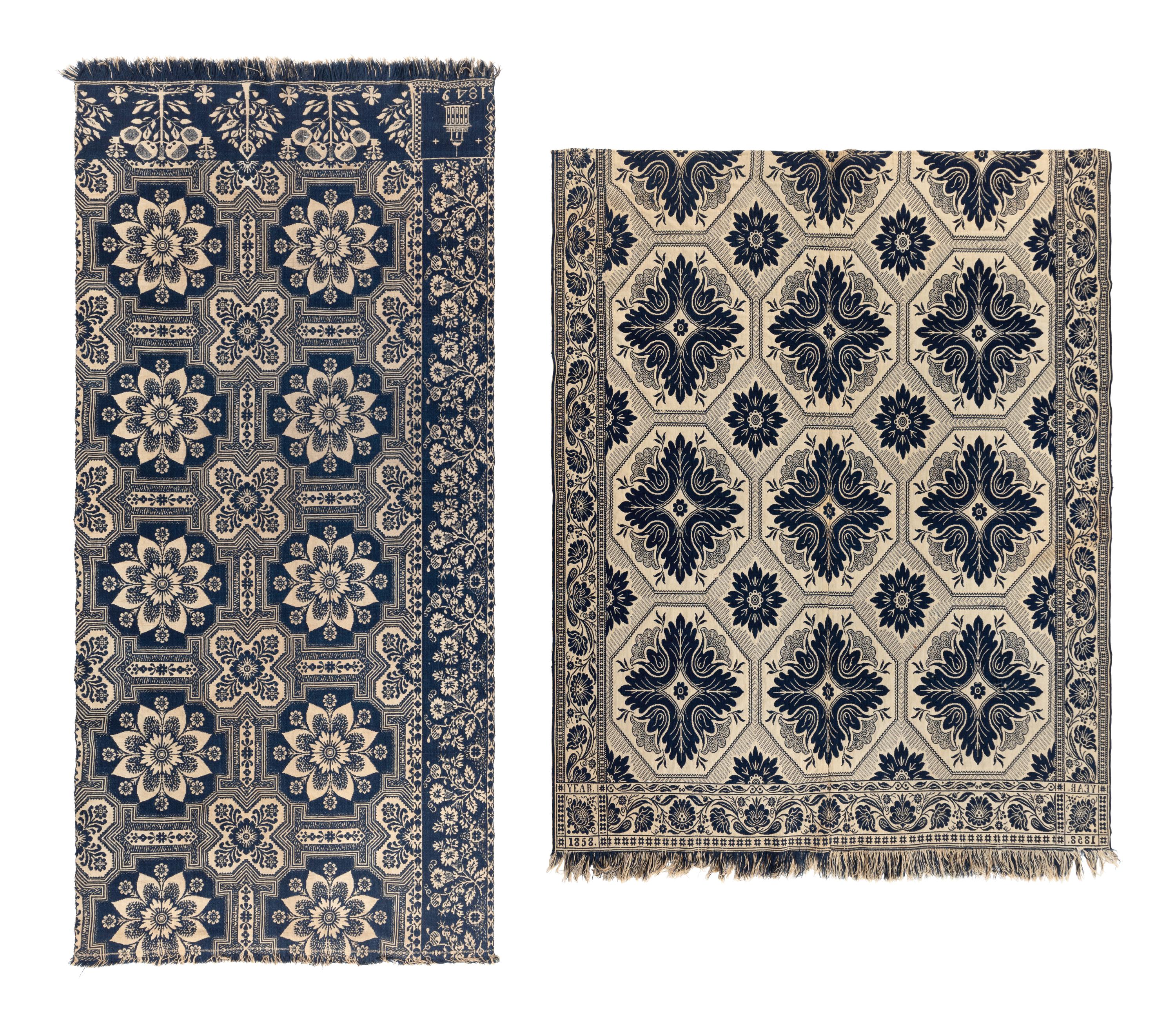 Two Jacquard Woven Cotton and Wool Coverlets