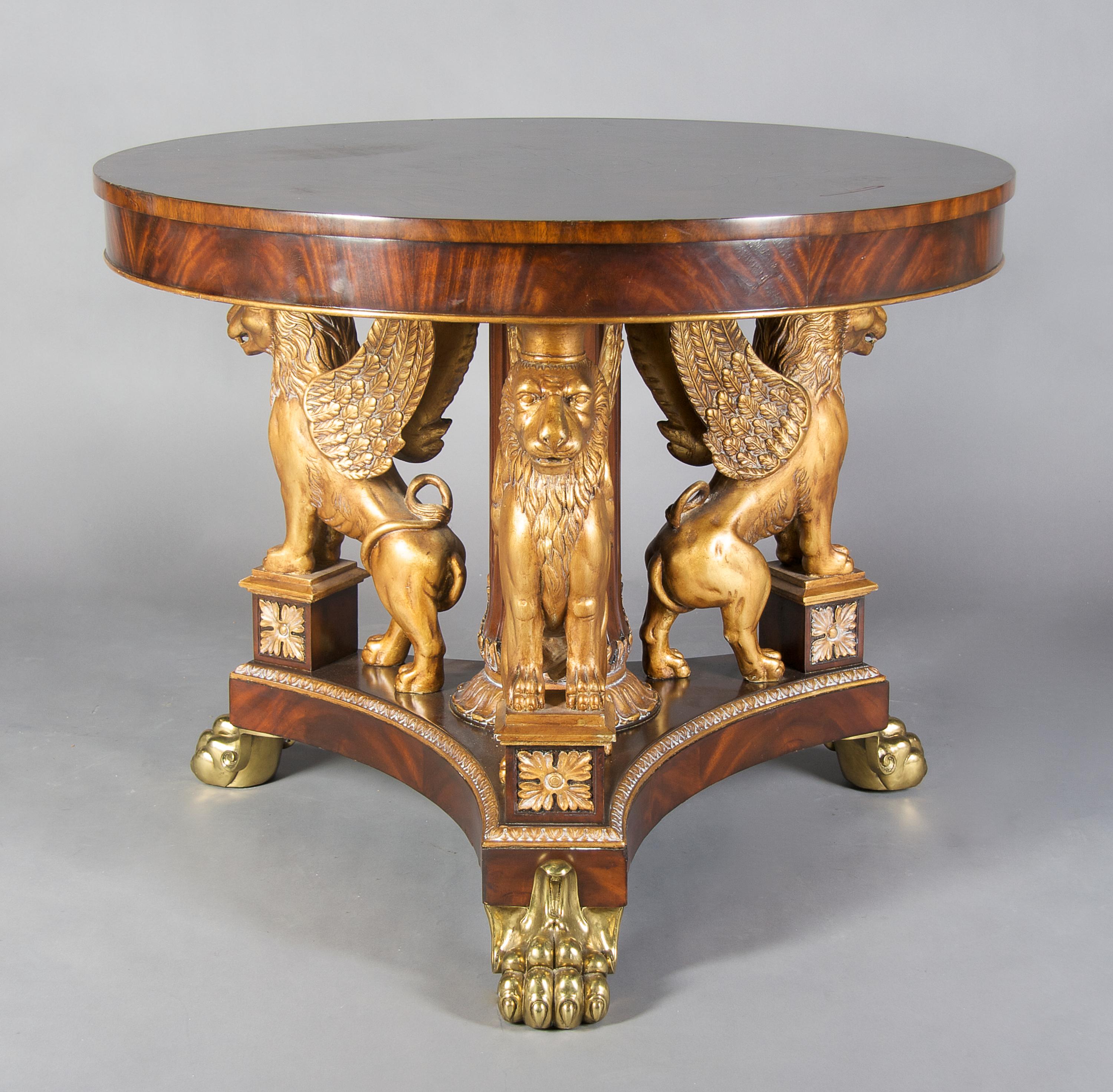 An Empire Style Mahogany Center Table, Height 32 1/2 x diameter 40 inches.