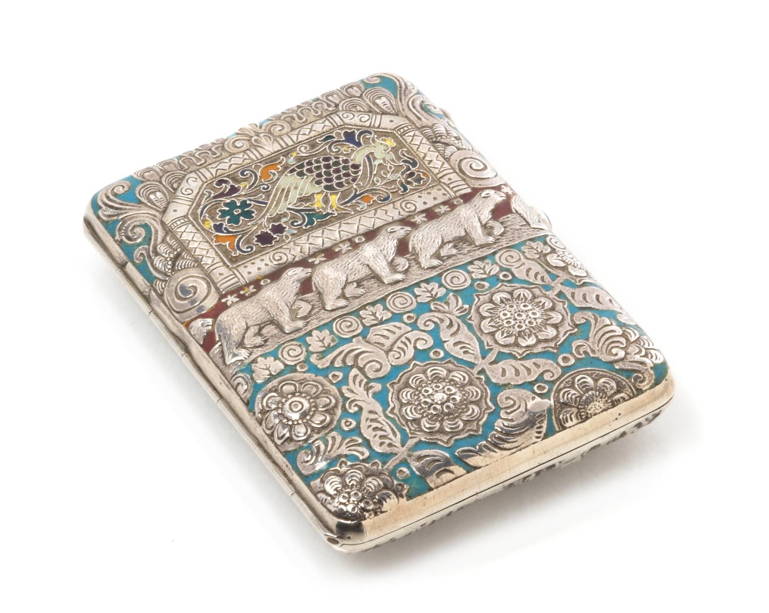 A Russian Enameled Silver Cigarette Case, Mark of D.P. Nikitin, Moscow, late 19th century, the lid with an enameled cartouche depicting