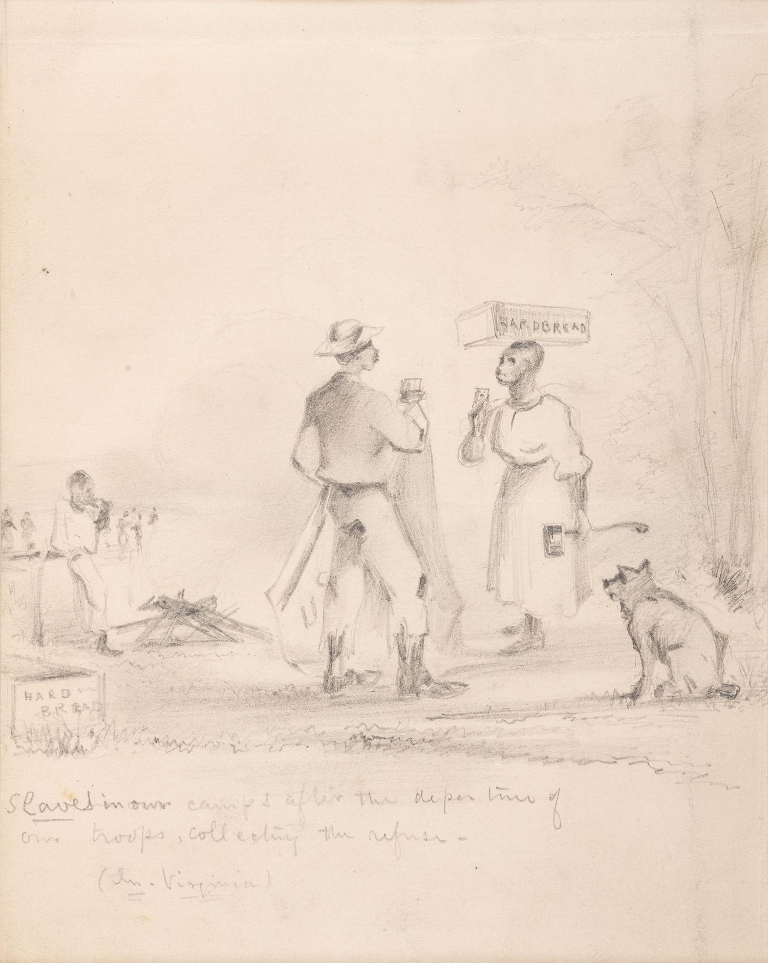 [SLAVERY & ABOLITION] -- [CIVIL WAR]. Slaves in our camps after the departing of our troops, collecting the refuse (In Virginia) . Pencil sketch, n.d.
