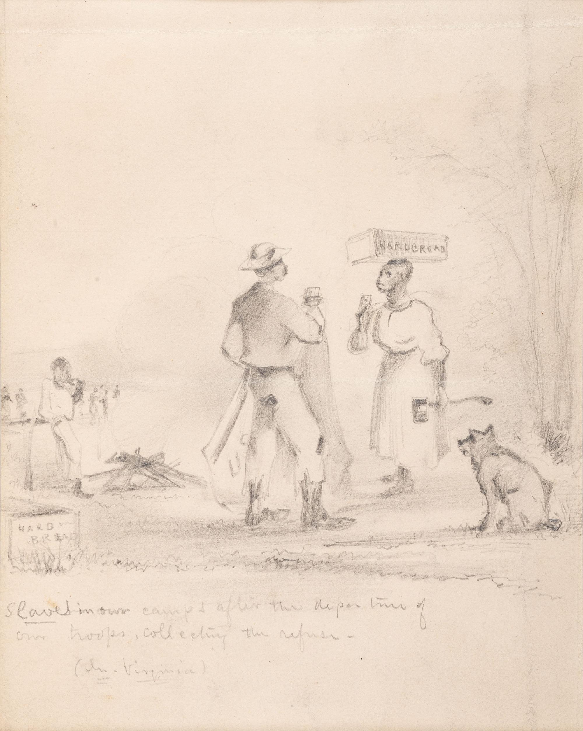 [SLAVERY & ABOLITION] -- [CIVIL WAR]. Slaves in our camps after the departing of our troops, collecting the refuse (In Virginia) . Pencil sketch, n.d.