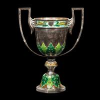 A Chinese Export Enameled Silver Trophy Cup, 20th Century 近代 外銷銀燒藍雙耳杯