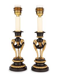 A Pair of Directoire Parcel-Gilt Bronze Candlesticks