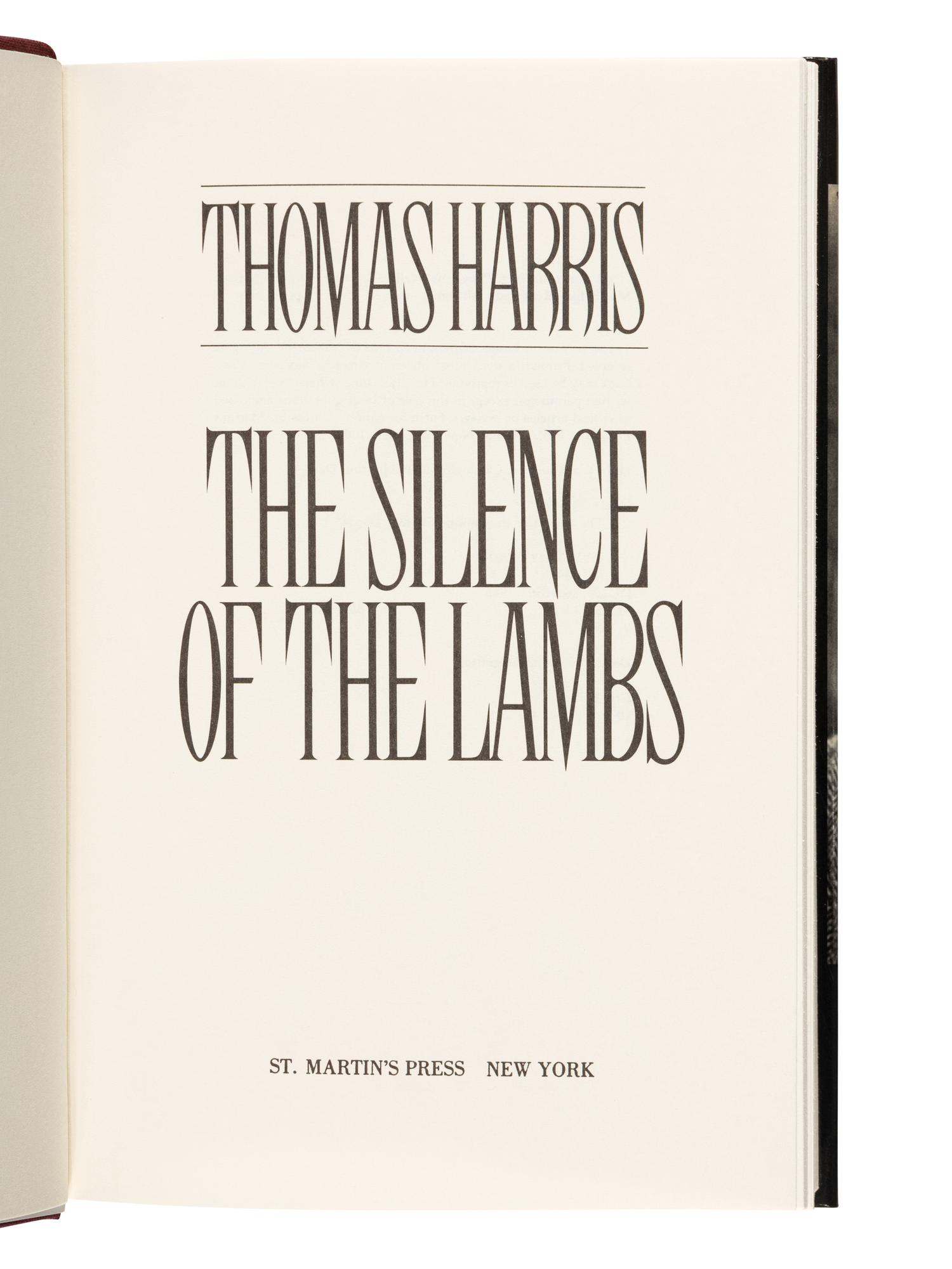 HARRIS, Thomas (b. 1940). The Silence of the Lambs . New York: St. Martin's Press, 1988.