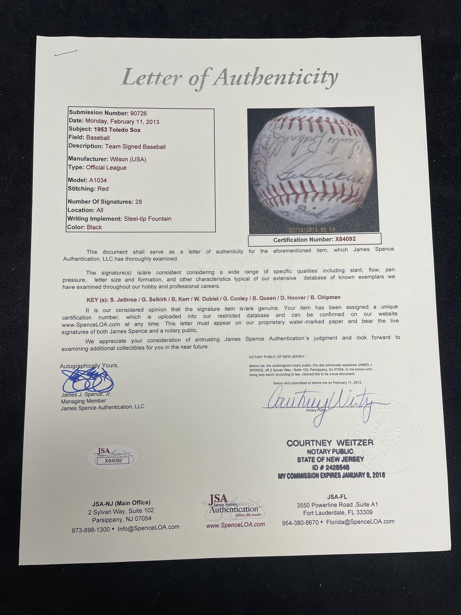 A 1953 Toledo Sox Team Signed Autograph Baseball (JSA Letter of Authenticity)