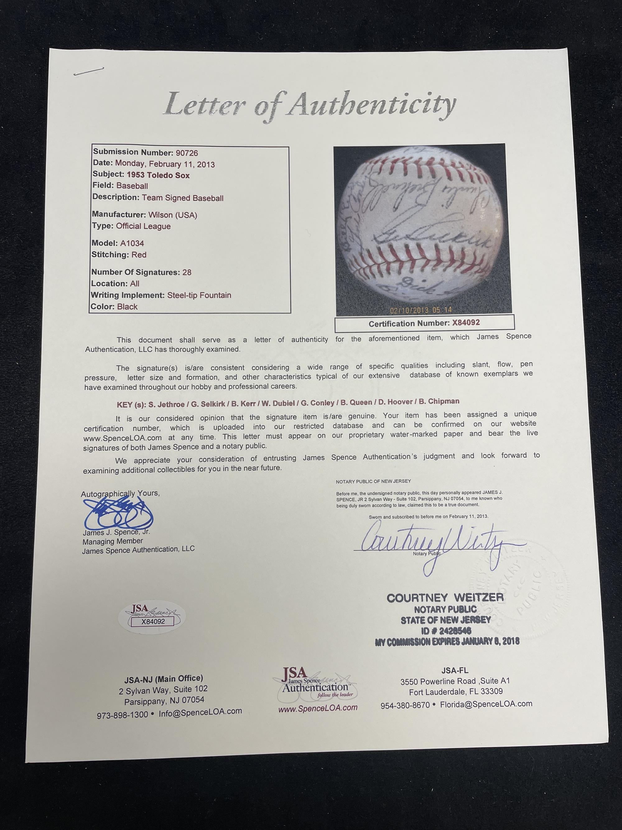 A 1953 Toledo Sox Team Signed Autograph Baseball (JSA Letter of Authenticity)