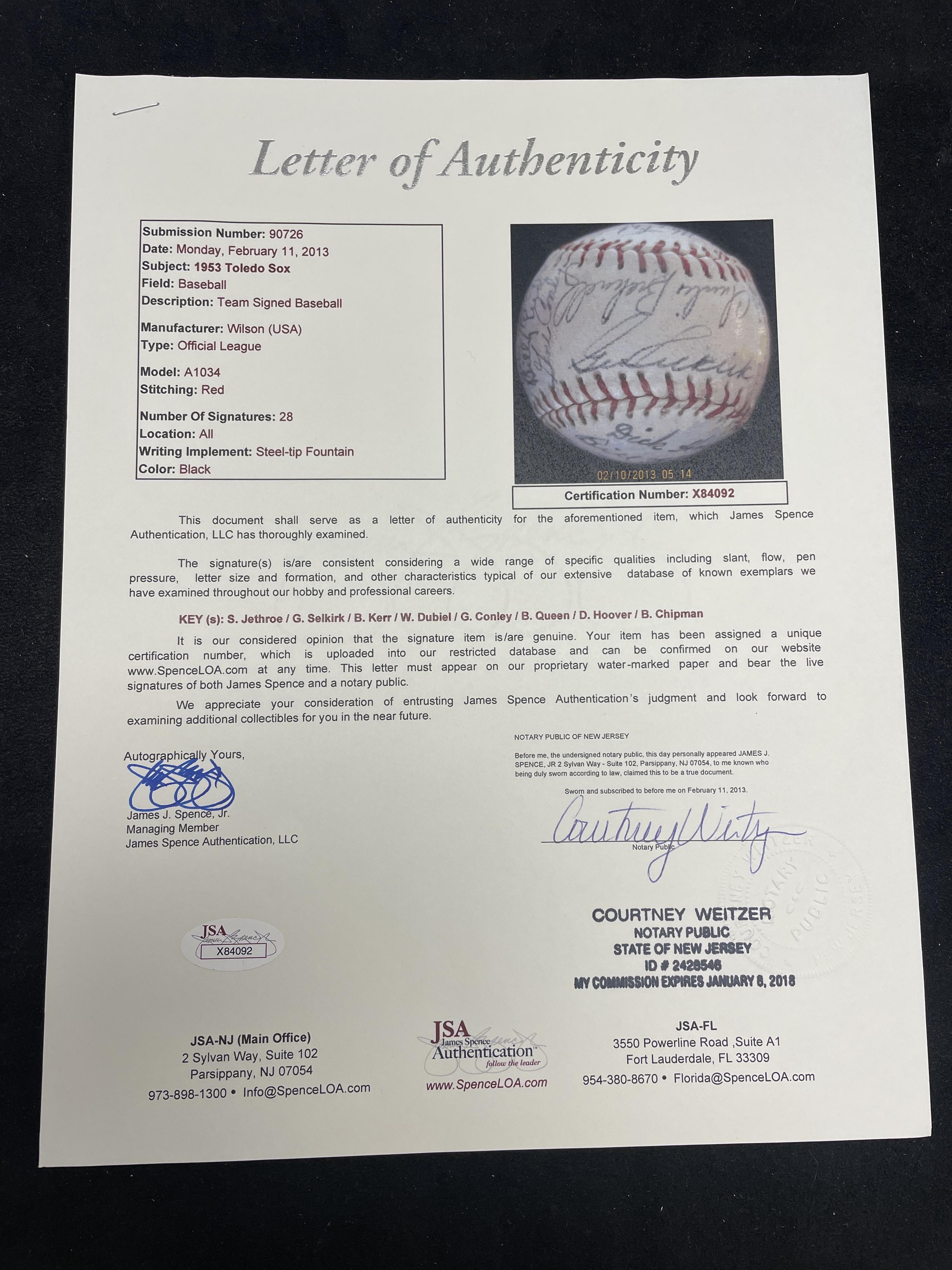 A 1953 Toledo Sox Team Signed Autograph Baseball (JSA Letter of Authenticity)