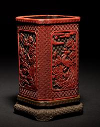 A Cinnabar Lacquer Brush Pot and Stand