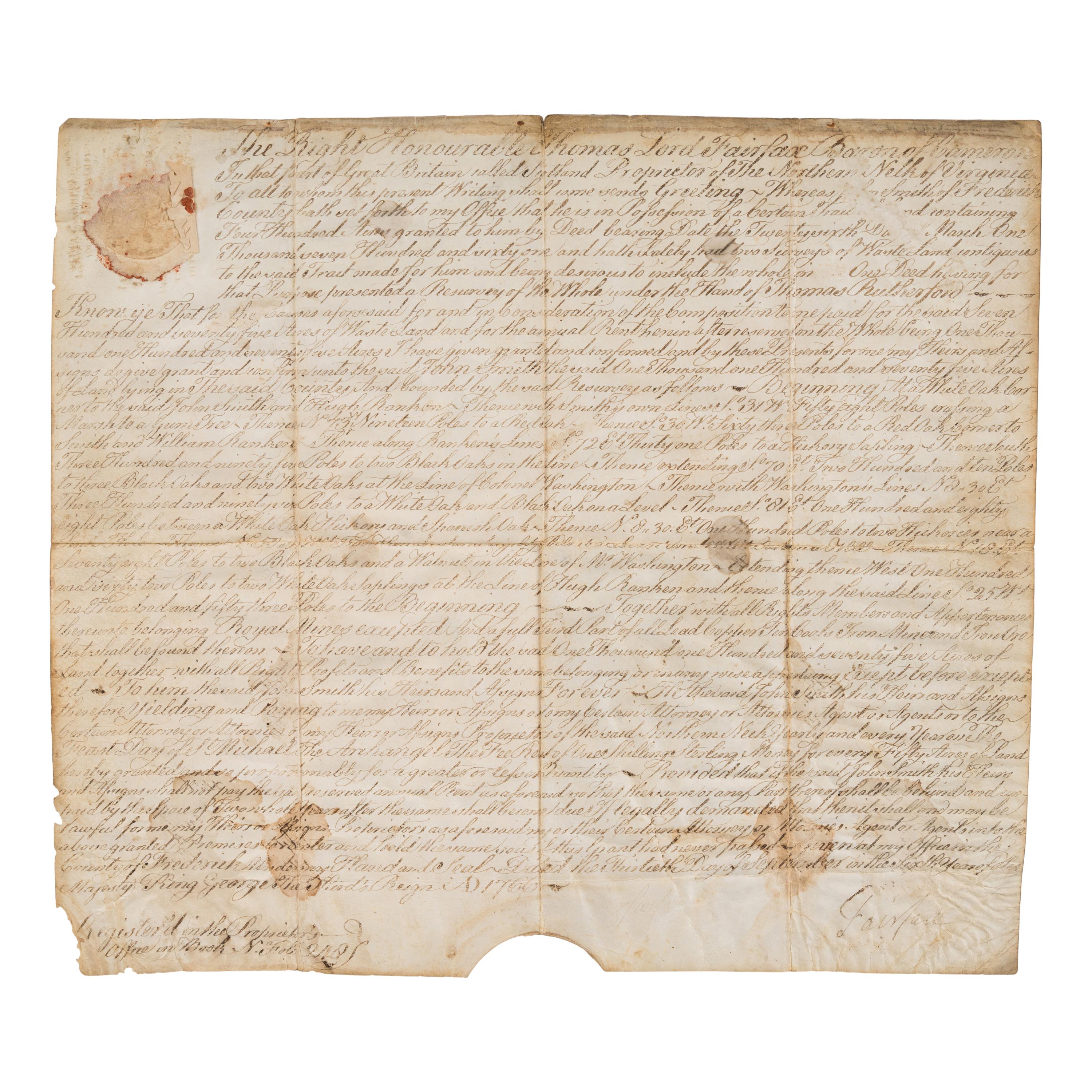 Fairfax, Thomas, Lord (1693-1781). Manuscript document signed ("Fairfax"), 30 September 1766.