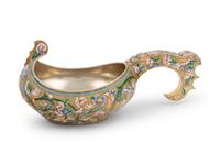 A Large Shaded Enamel Silver Kovsh