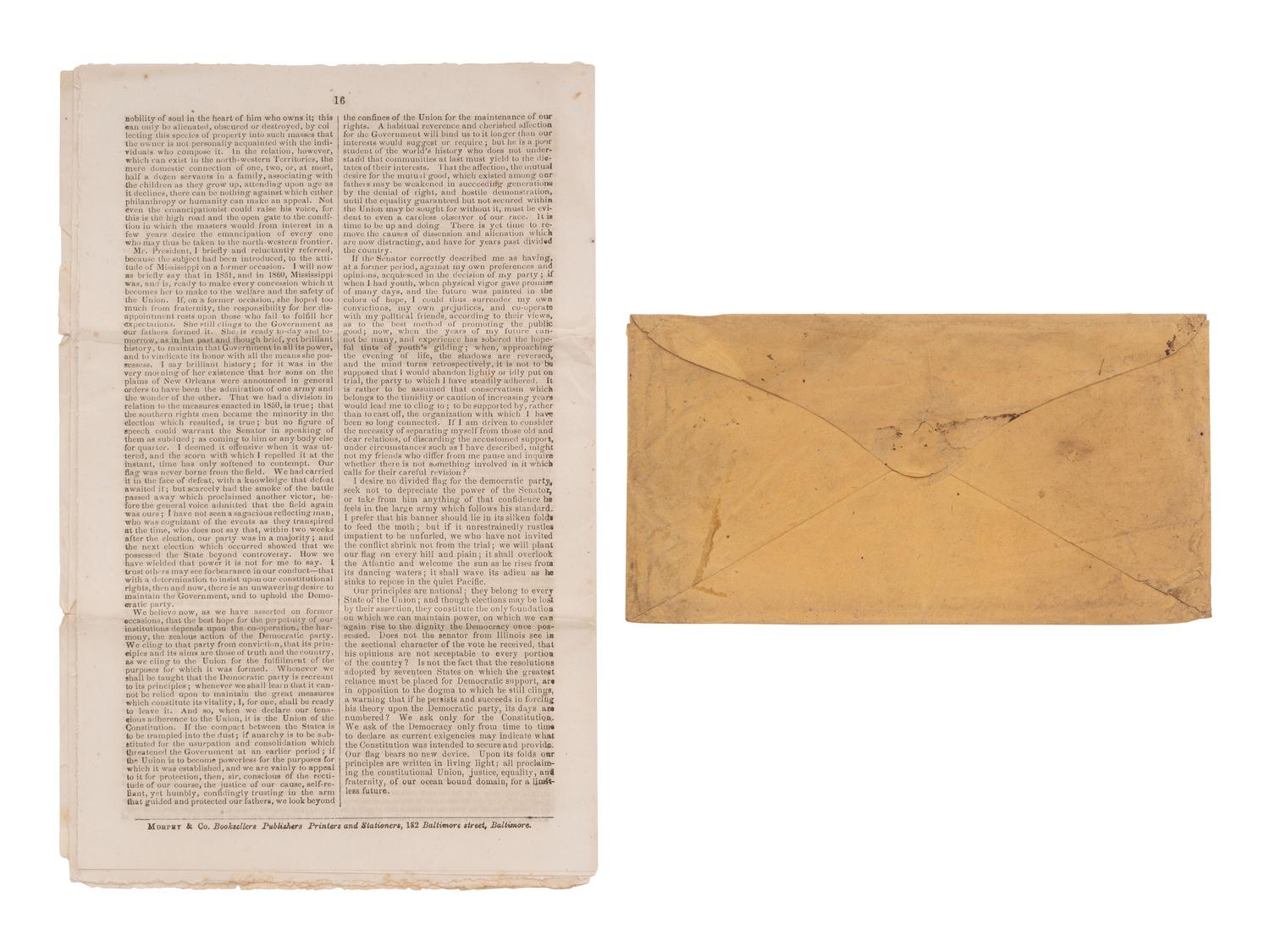 [CIVIL WAR]. Printing of a Jefferson Davis speech sent in a free-franked envelope from CSA Sen. James Chestnut.