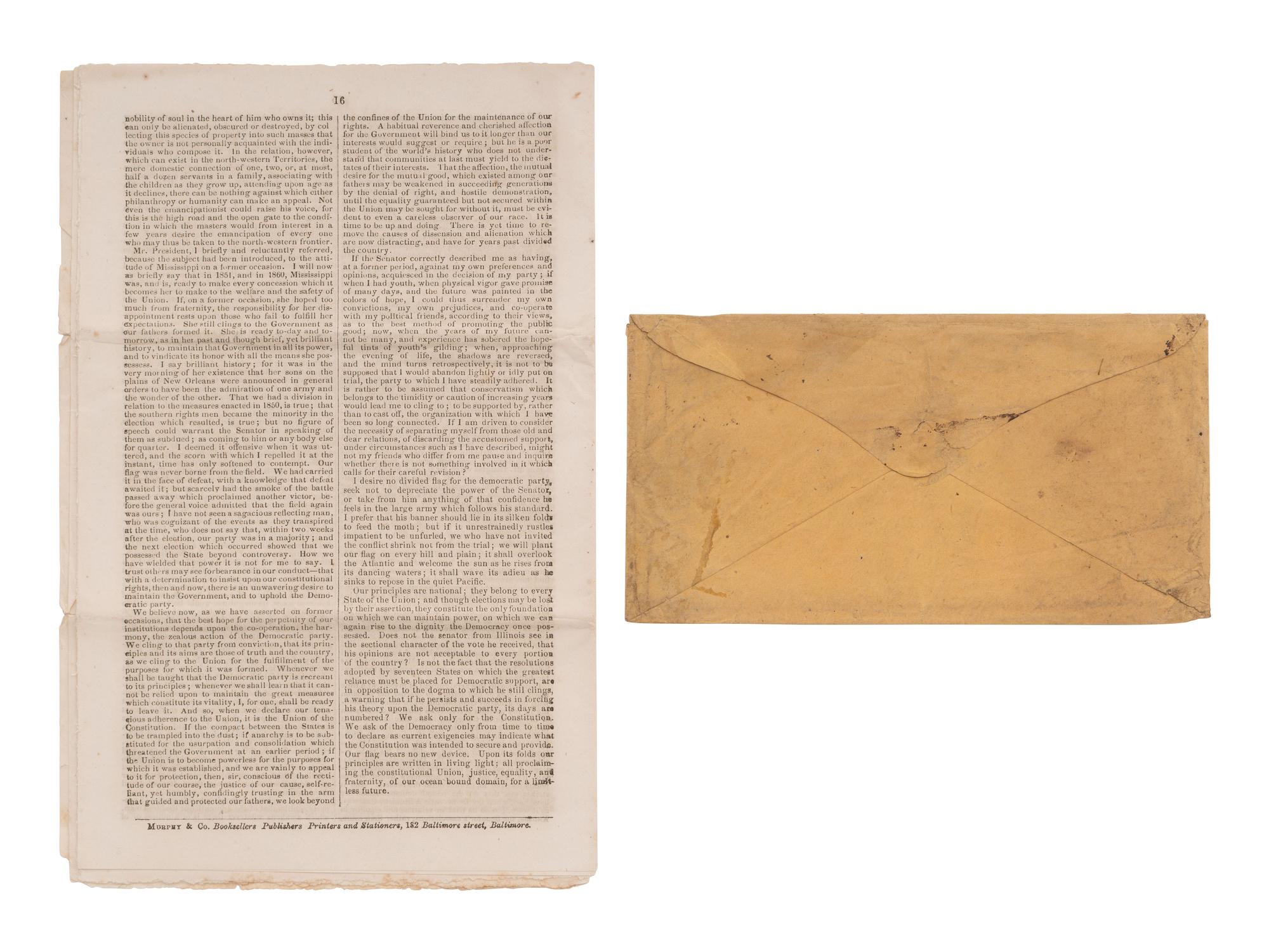 [CIVIL WAR]. Printing of a Jefferson Davis speech sent in a free-franked envelope from CSA Sen. James Chestnut.