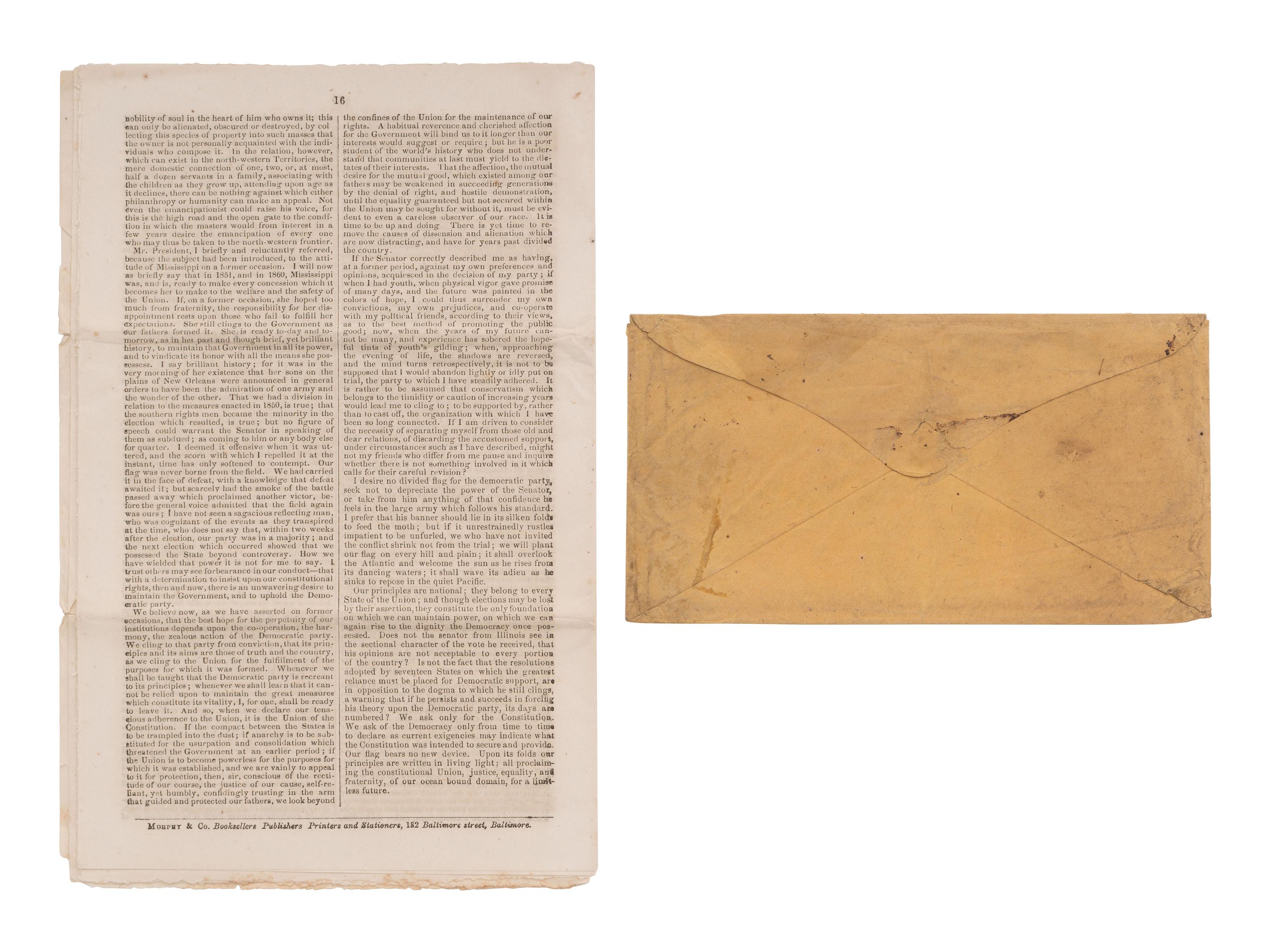 [CIVIL WAR]. Printing of a Jefferson Davis speech sent in a free-franked envelope from CSA Sen. James Chestnut.