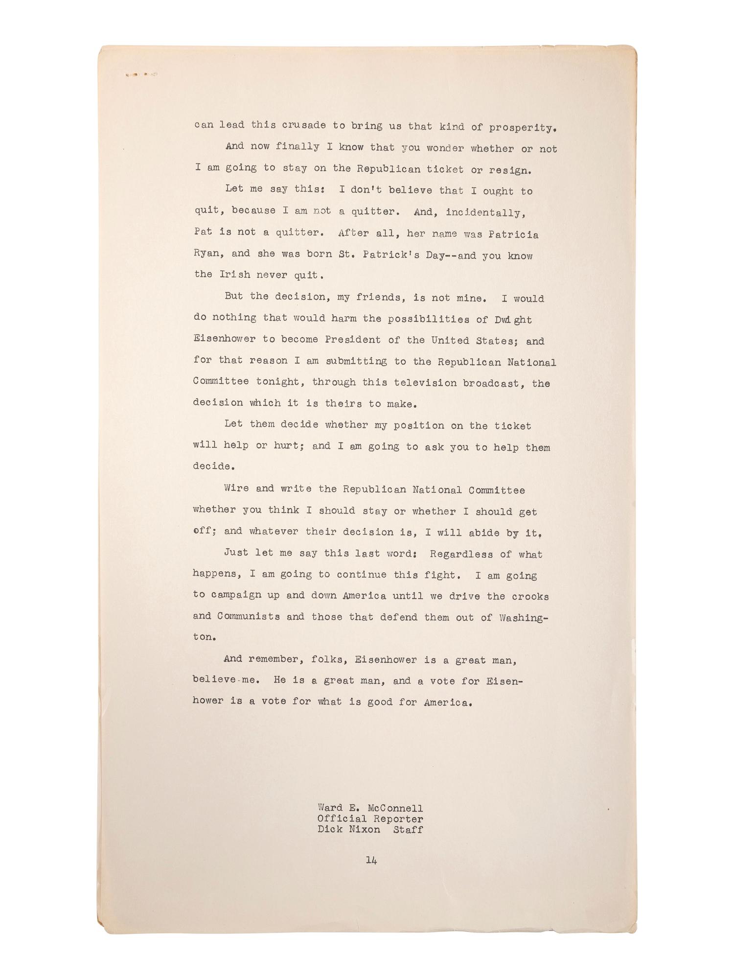 [THE CHECKERS SPEECH]. NIXON, Richard M. Address of Senator Richard M. Nixon. Los Angeles, CA: 23 September 1952.
