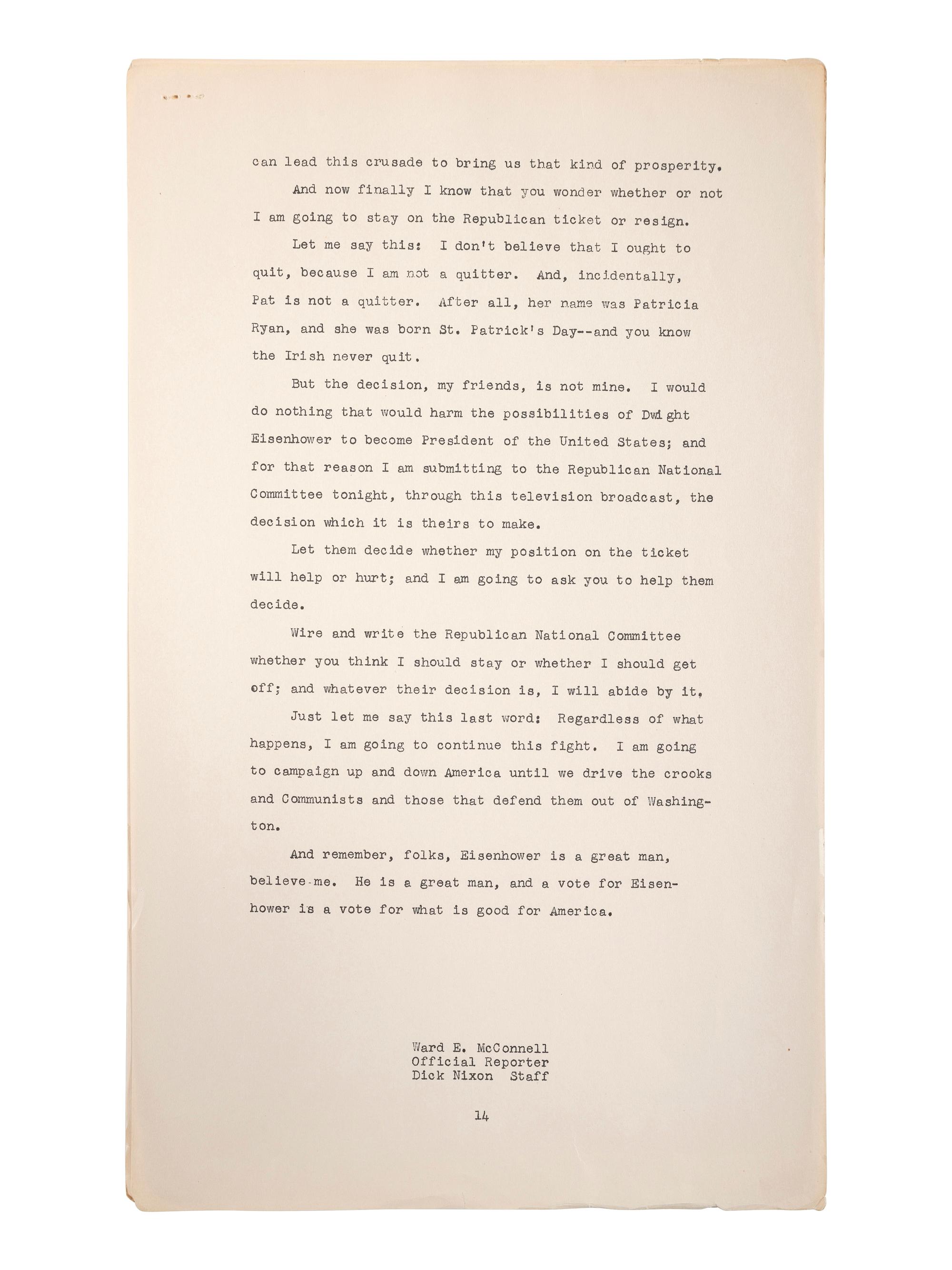 [THE CHECKERS SPEECH]. NIXON, Richard M. Address of Senator Richard M. Nixon. Los Angeles, CA: 23 September 1952.