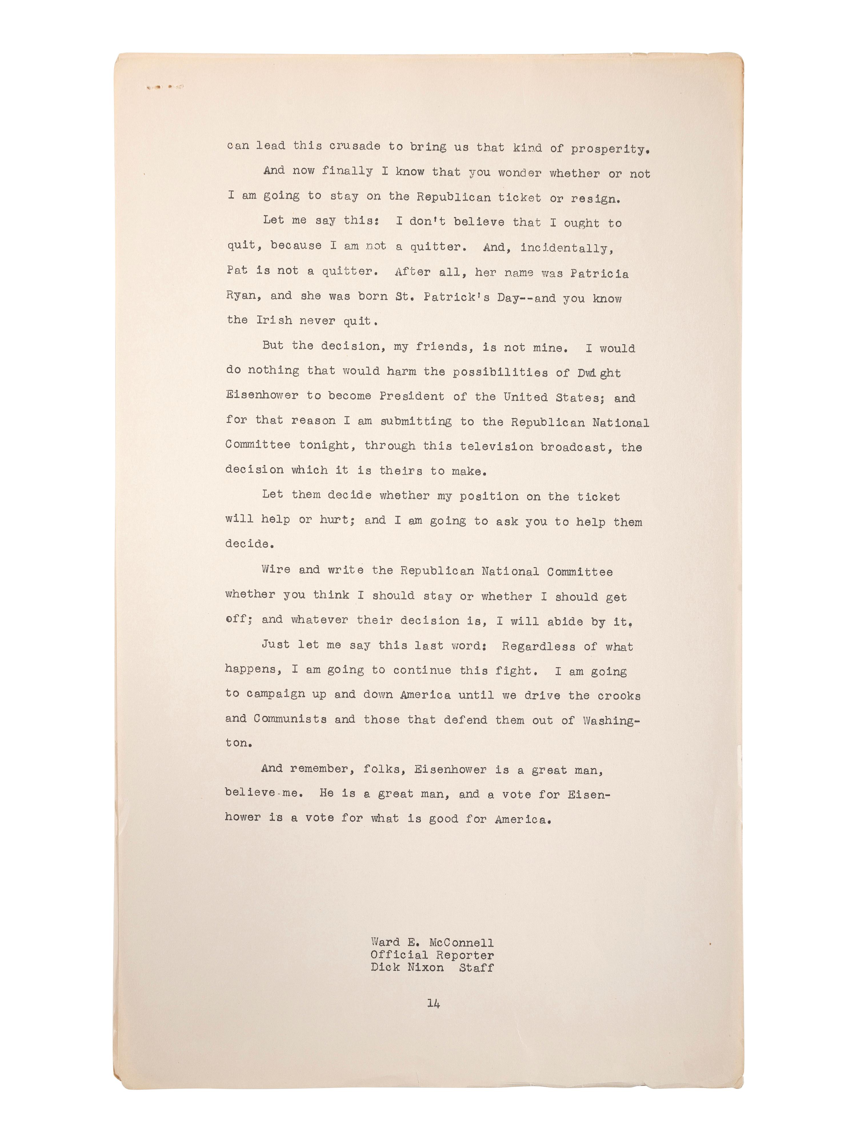 [THE CHECKERS SPEECH]. NIXON, Richard M. Address of Senator Richard M. Nixon. Los Angeles, CA: 23 September 1952.
