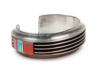 Sterling silver cuff bracelet with coral and turquoise inlay
