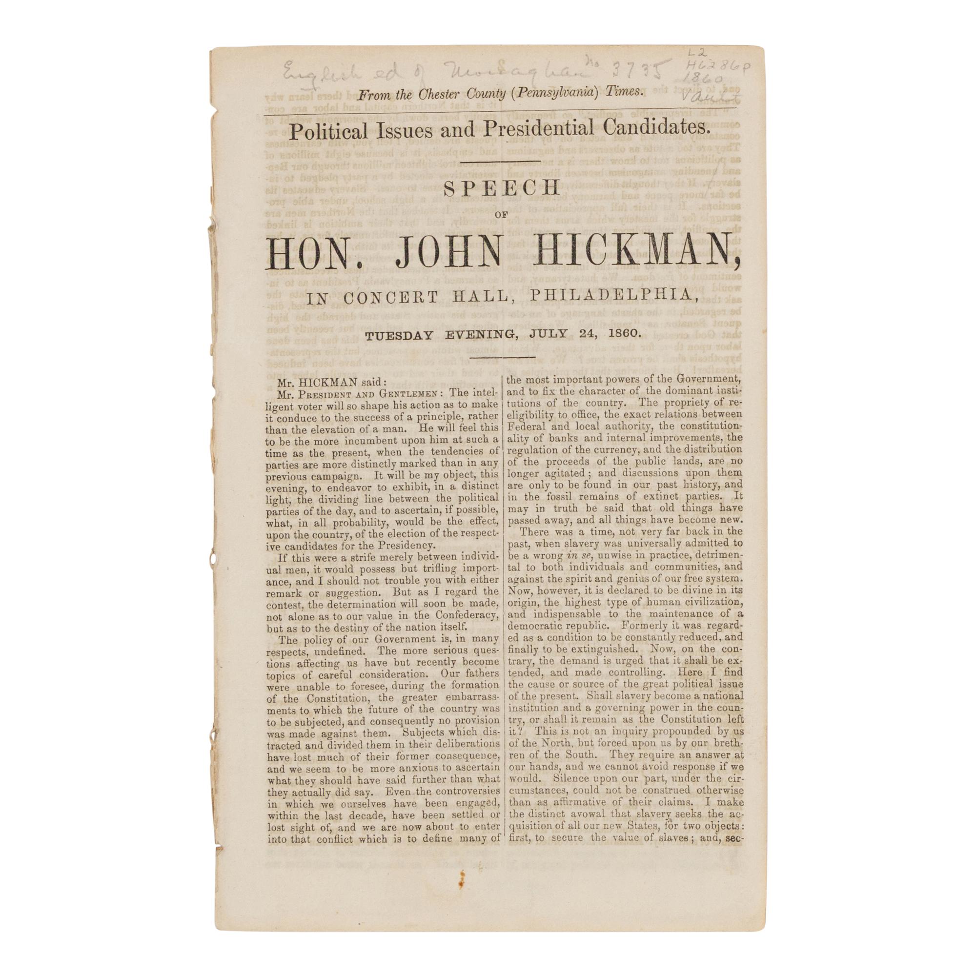 [PRO & ANTI-LINCOLN CAMPAIGN]. A group of 10 pamphlets, comprising: