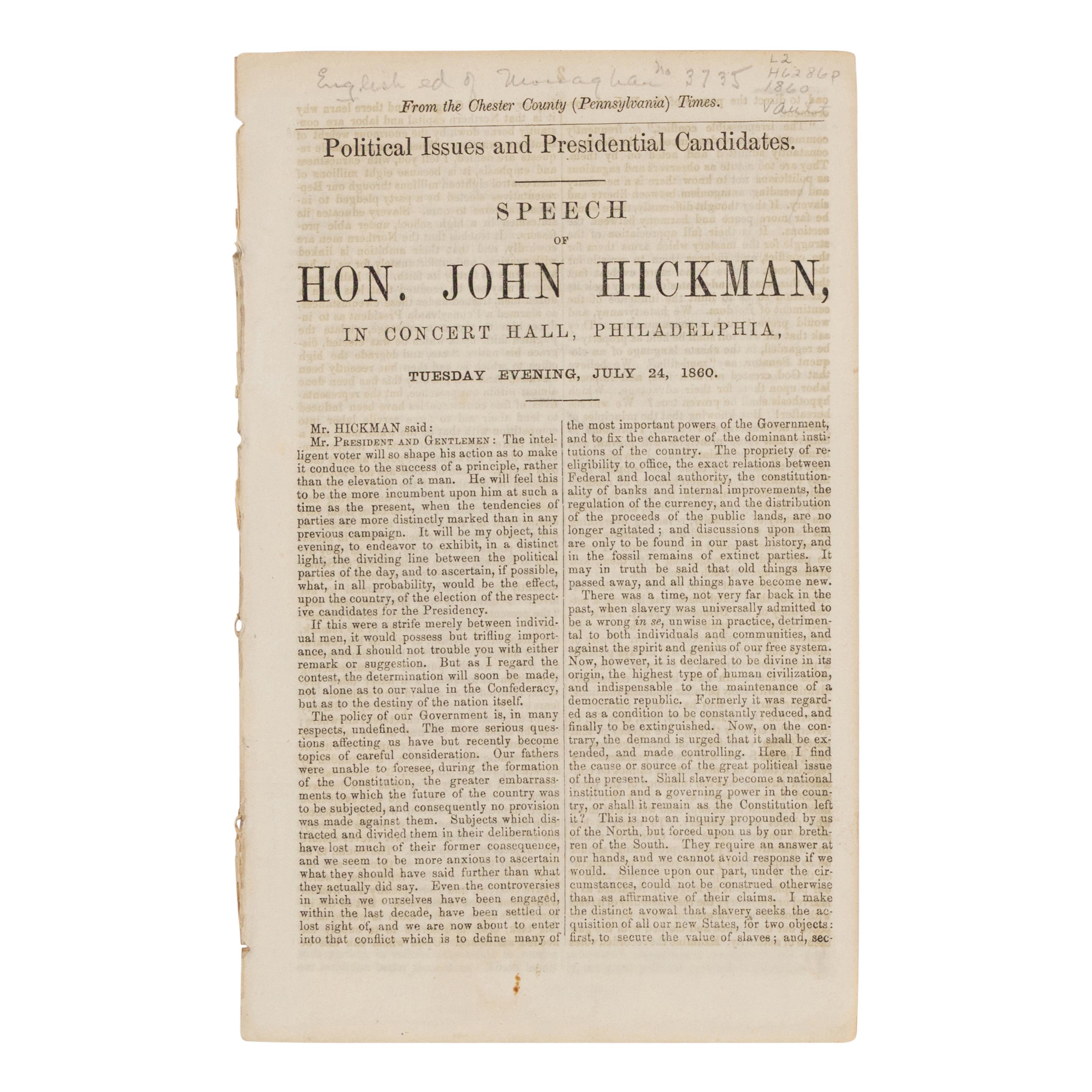 [PRO & ANTI-LINCOLN CAMPAIGN]. A group of 10 pamphlets, comprising: