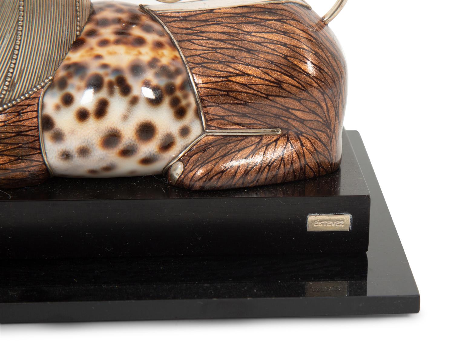 A Roberto Estevez Lion Seashell, Enamel and Silver Sculpture