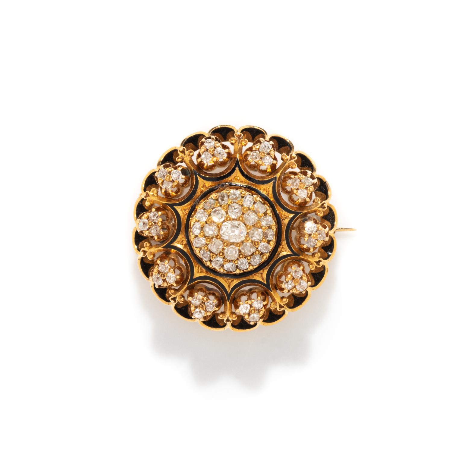 ANTIQUE, YELLOW GOLD, DIAMOND, AND ENAMEL BROOCH