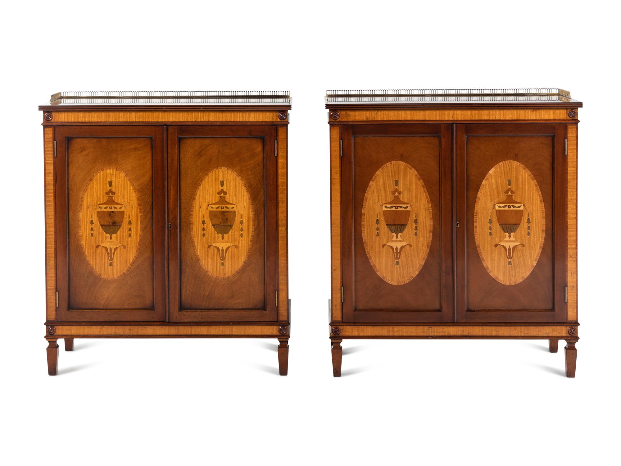 A Pair of Edwardian Style Mahogany, Satinwood and Marquetry Cabinets