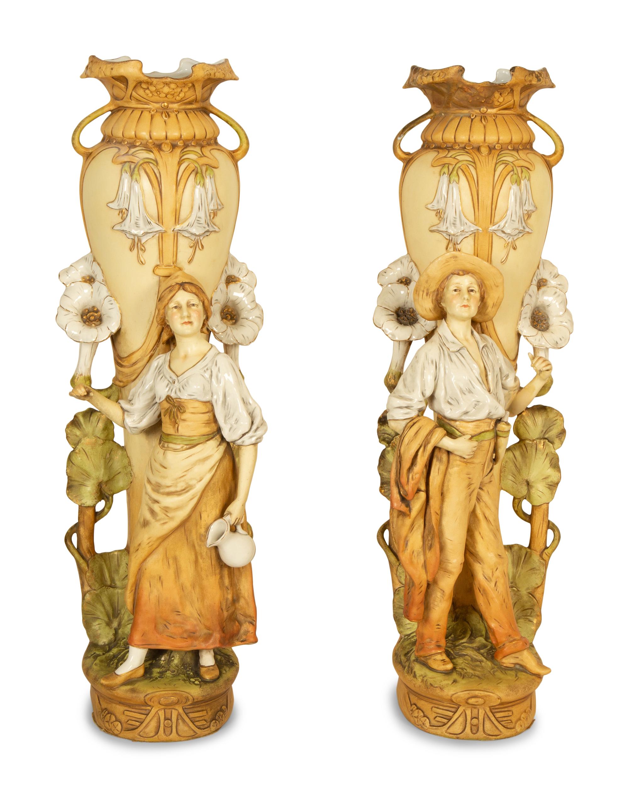 A Pair of Royal Dux Porcelain Figural Vases