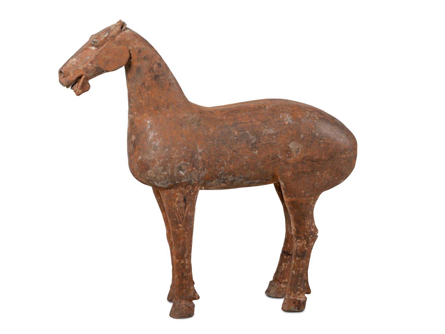 Two Chinese Terra Cotta Horses with Polychrome Remnants
