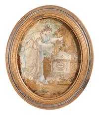 An English Mourning Needlework Panel Depicting Fame Decorating Shakespeare's Tomb