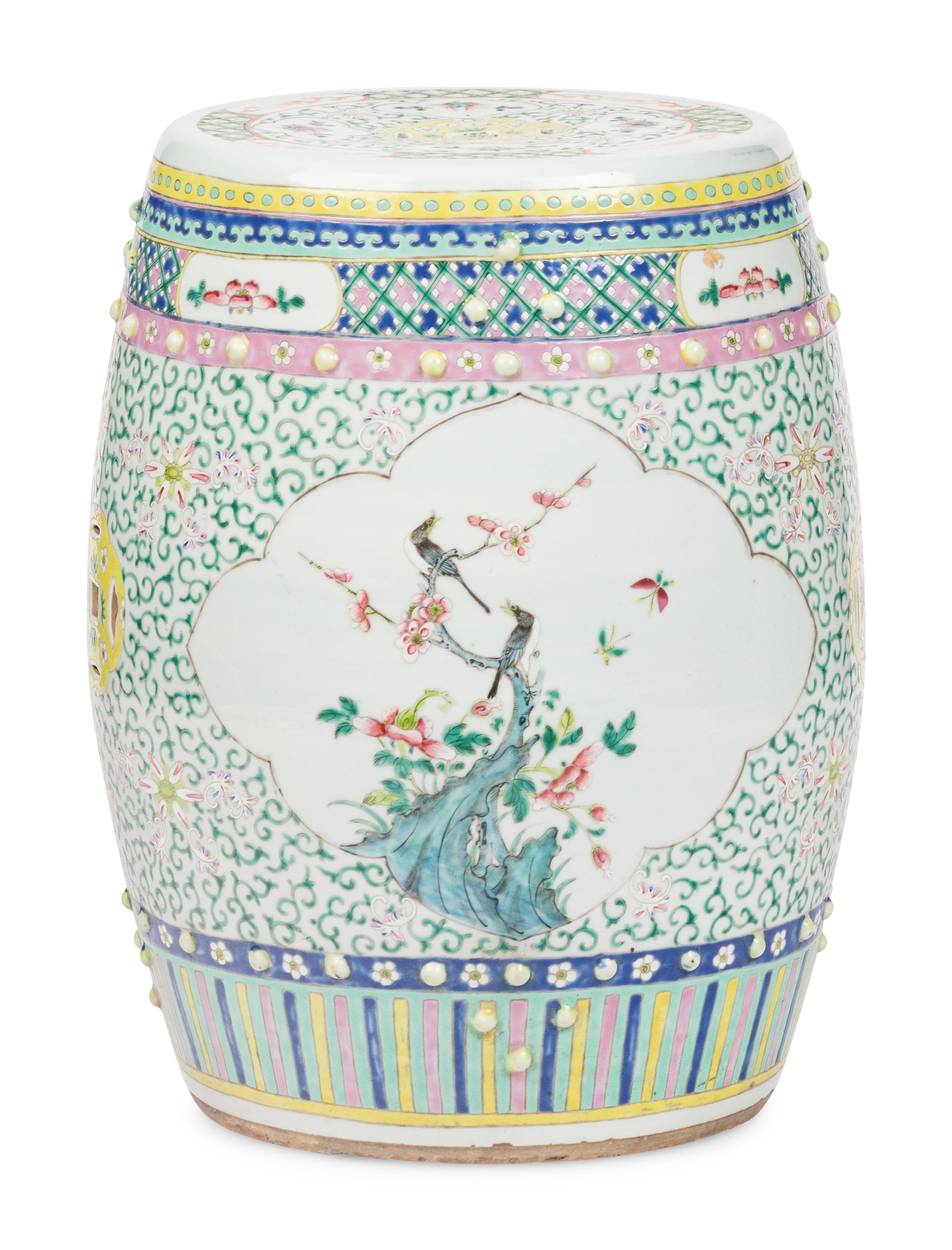 A Chinese Export Famille Rose Reticulated Porcelain Garden Seat