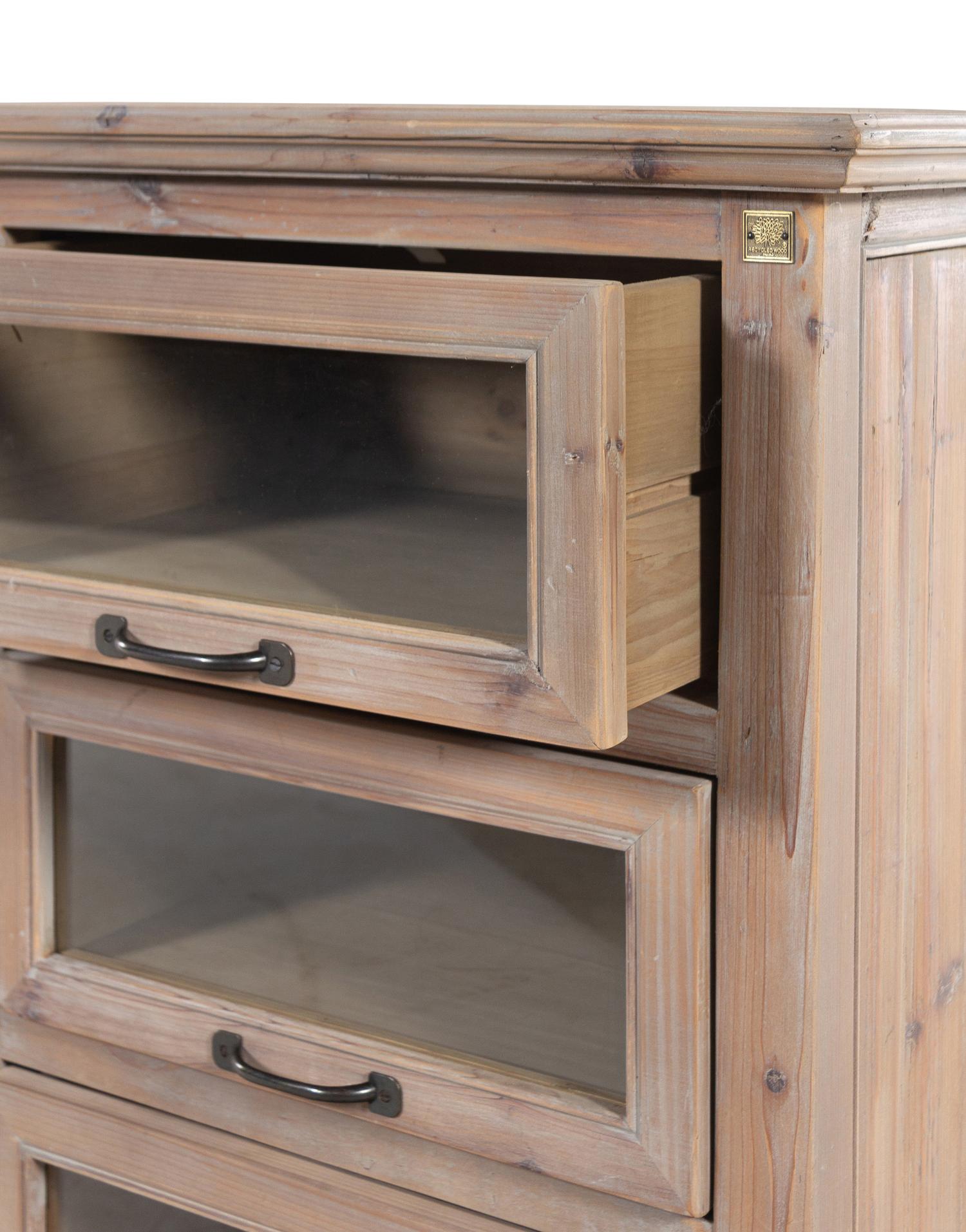 A Recycled Wood Display Cabinet with Glass-Front Drawers