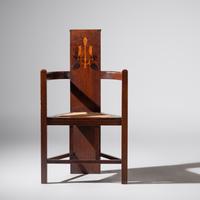 Attributed to Harvey Ellis (American, 1852–1904) — Rare Inlaid Oak Arm Chair, c. 1904 for Stickley Bros. "Quaint"