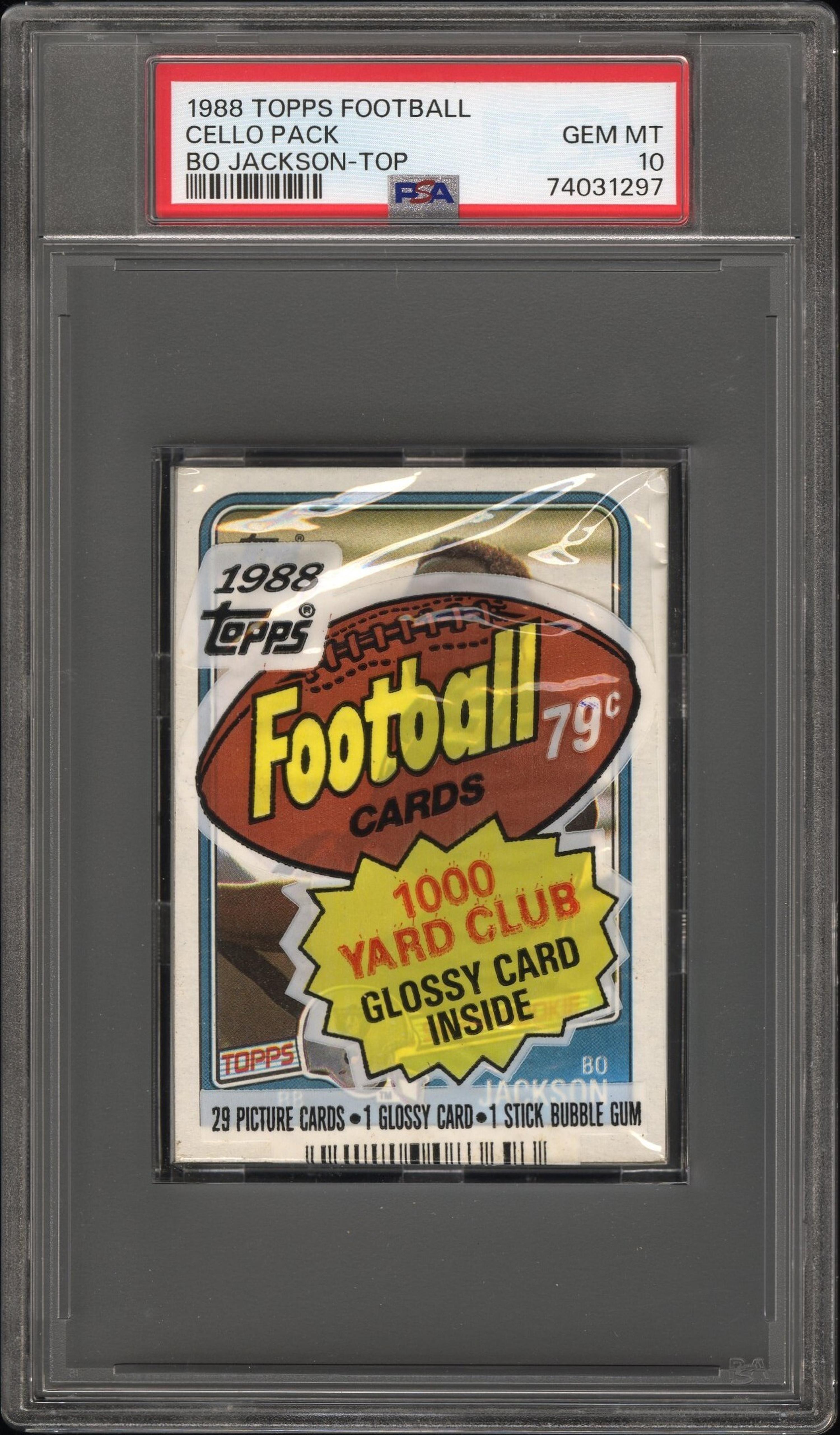 An Unopened Cello Pack of 1988 Topps Football Cards With Bo Jackson Rookie On Top (PSA 10 GEM MINT)