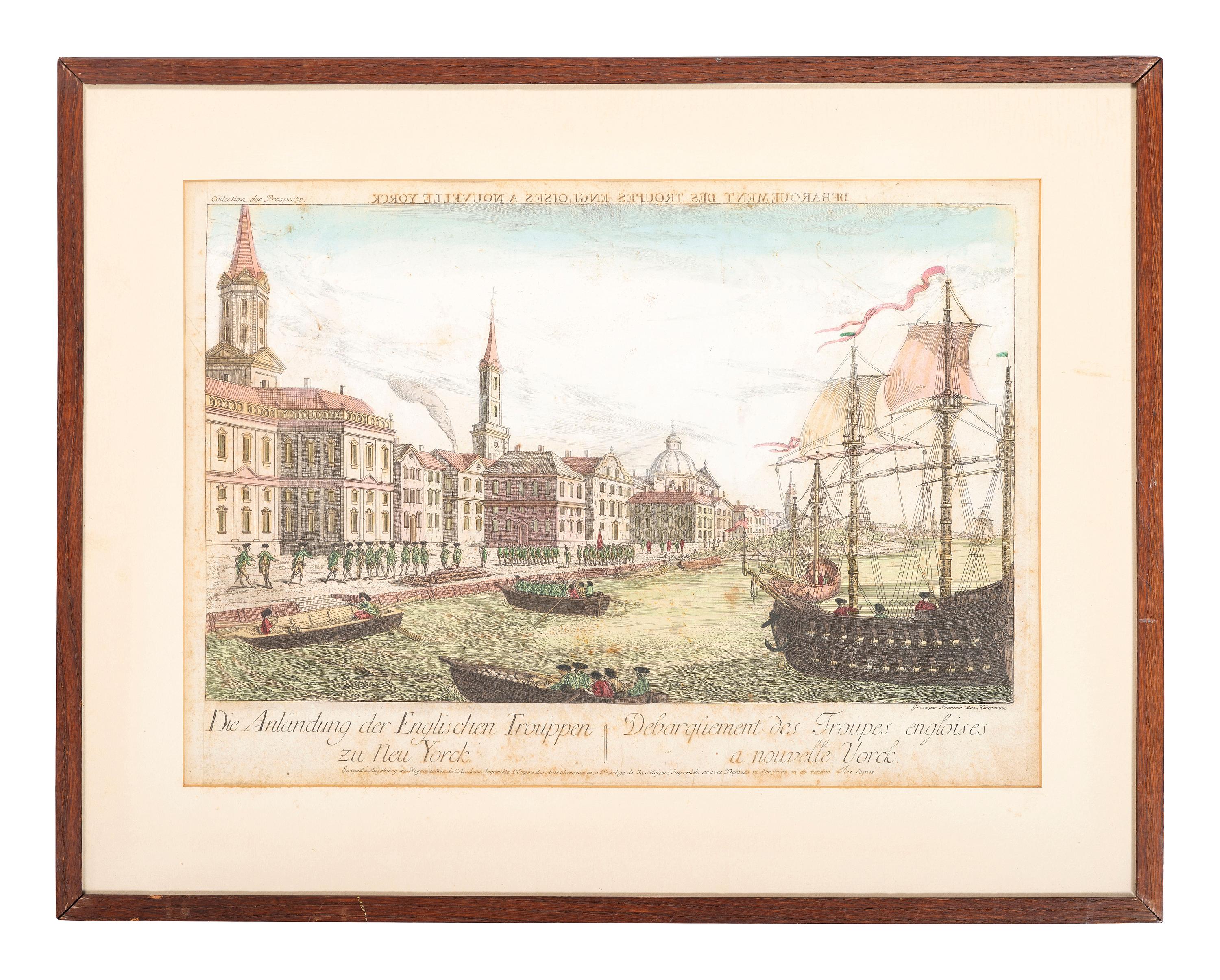 [REVOLUTIONARY WAR]. HABERMANN, Francois Xavier (1721-1796). Die Anlandung Der Englischen Trouppen Zu Neu Yorck./ Debarquement Des Troupes Engloises A Nouvelle Yorck. Engraved vue d'optique.
