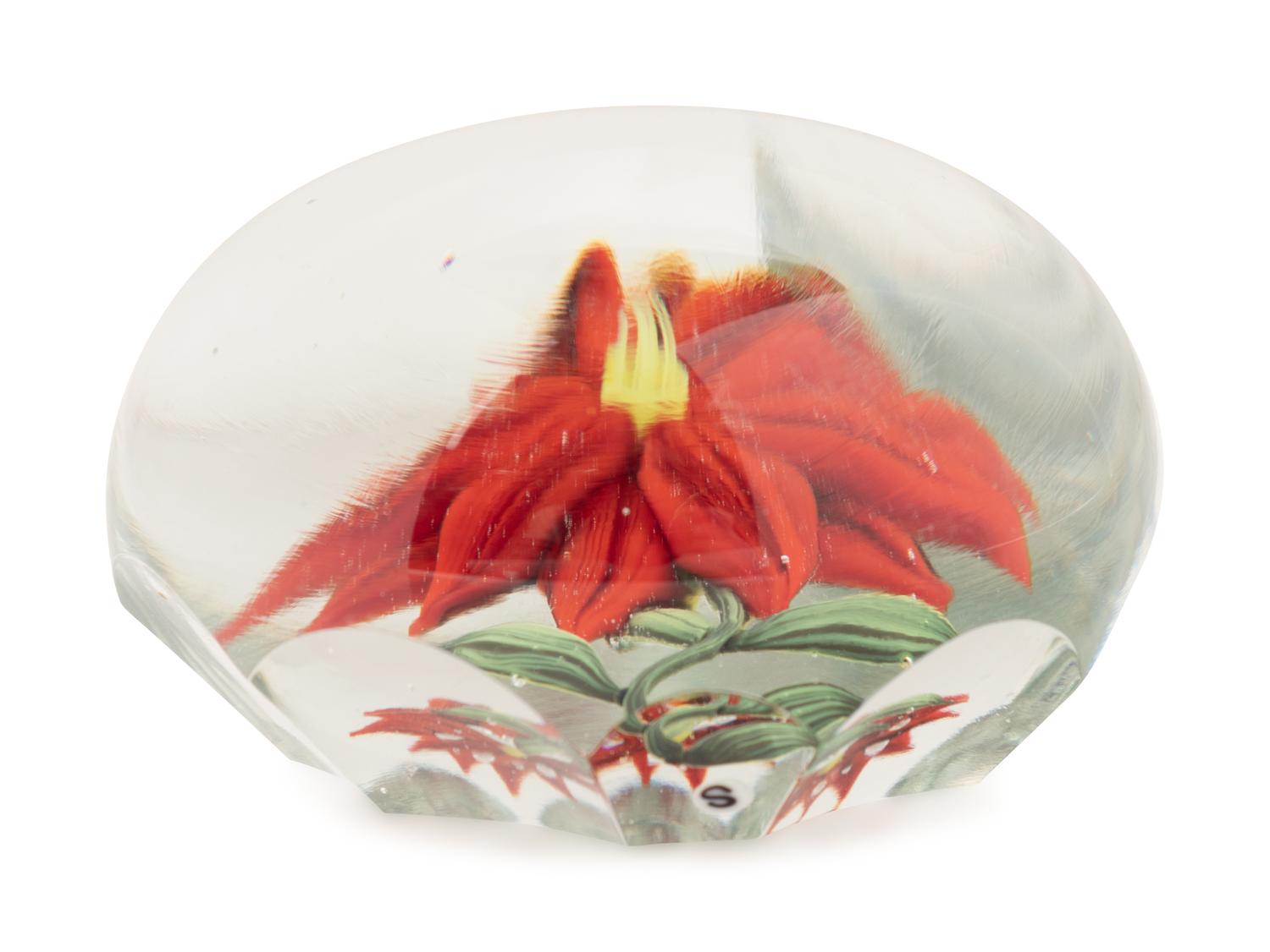 A Paul Stankard Red Poinsettia Glass Paperweight