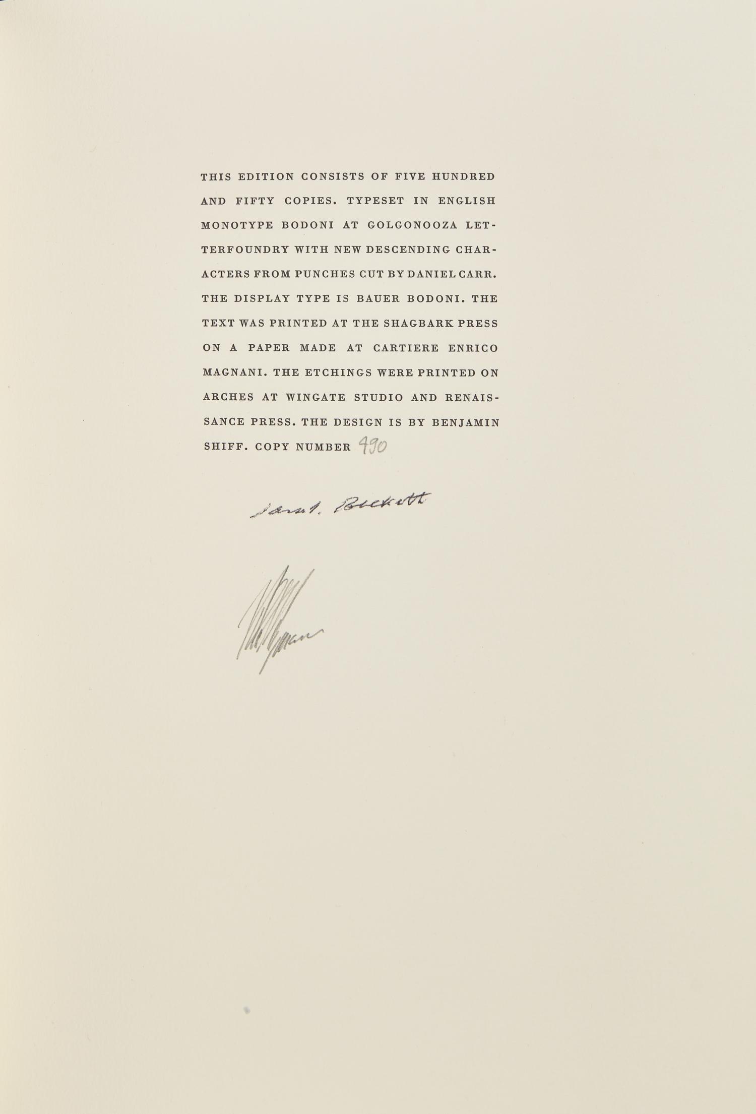 [LIMITED EDITIONS CLUB]. BECKETT, Samuel (1906-1989). Nohow On . [New York:] The Limited Editions Club, [1989].