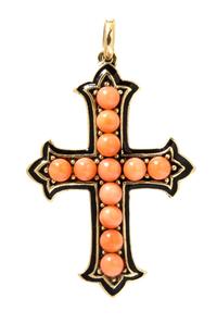 A Yellow Gold, Enamel and Coral Cross Pendant, 5.70 dwts.