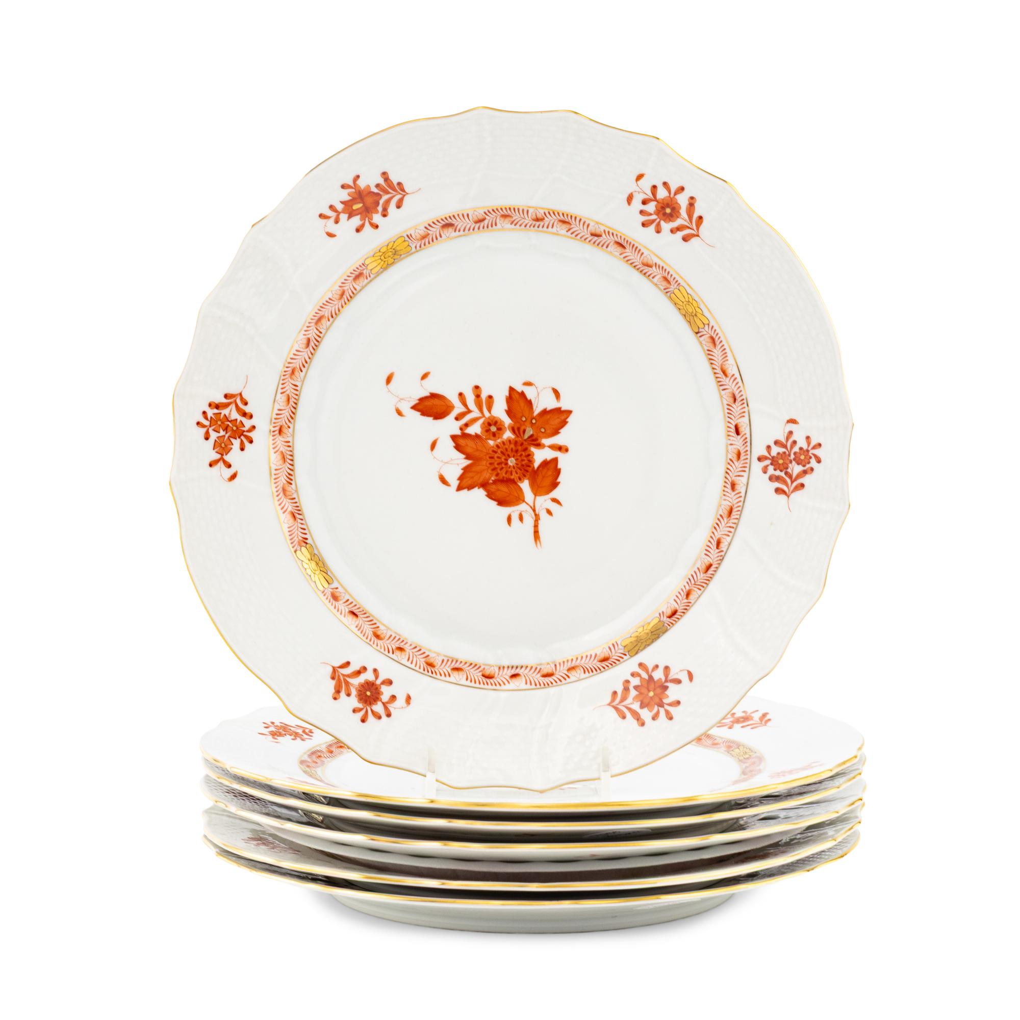 A Set of Six Herend Chinese Bouquet Rust Porcelain Dinner Plates