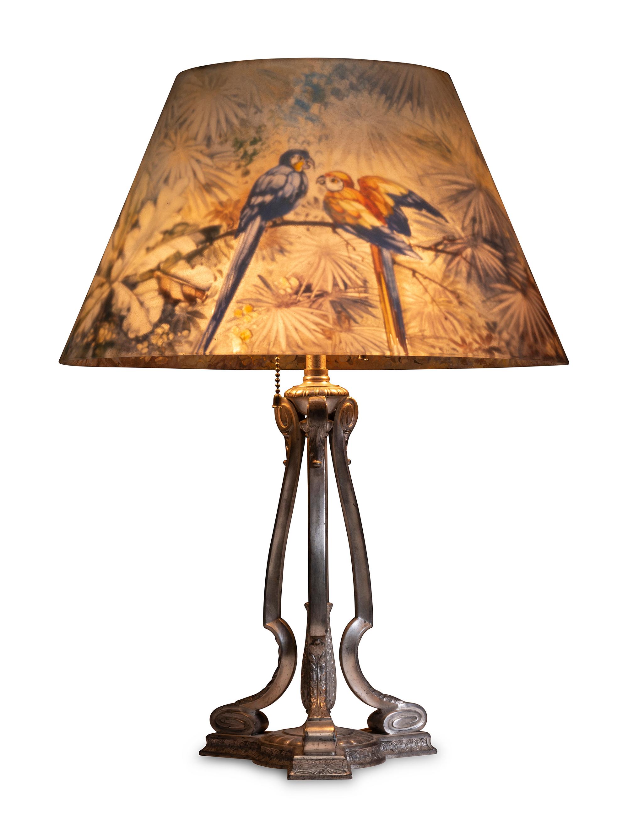 A Pairpoint Jungle Bird Reverse Painted Table Lamp