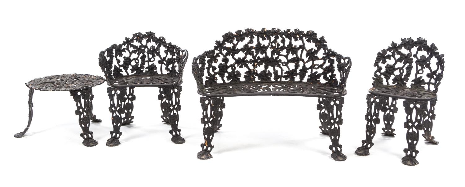 A Set of Victorian Style Cast Iron Furniture Width of first 38 inches. — 20TH CENTURY