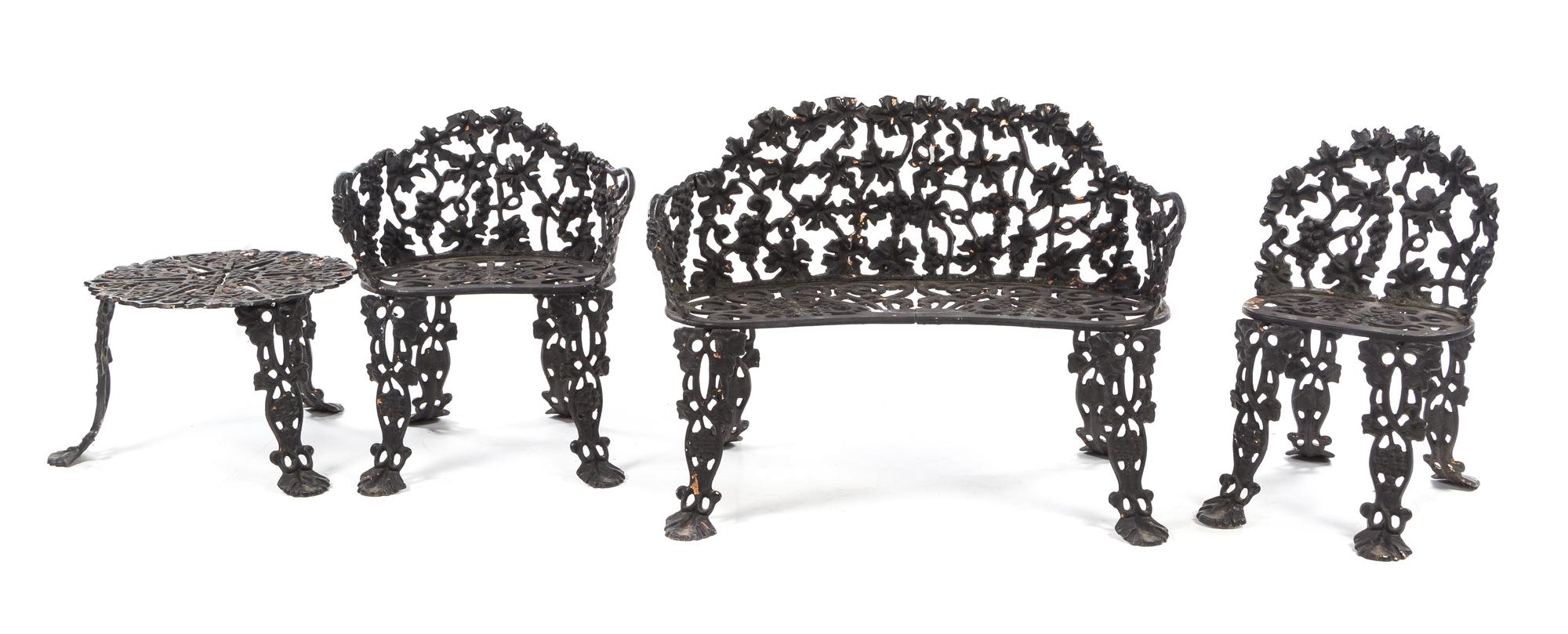 A Set of Victorian Style Cast Iron Furniture Width of first 38 inches. — 20TH CENTURY