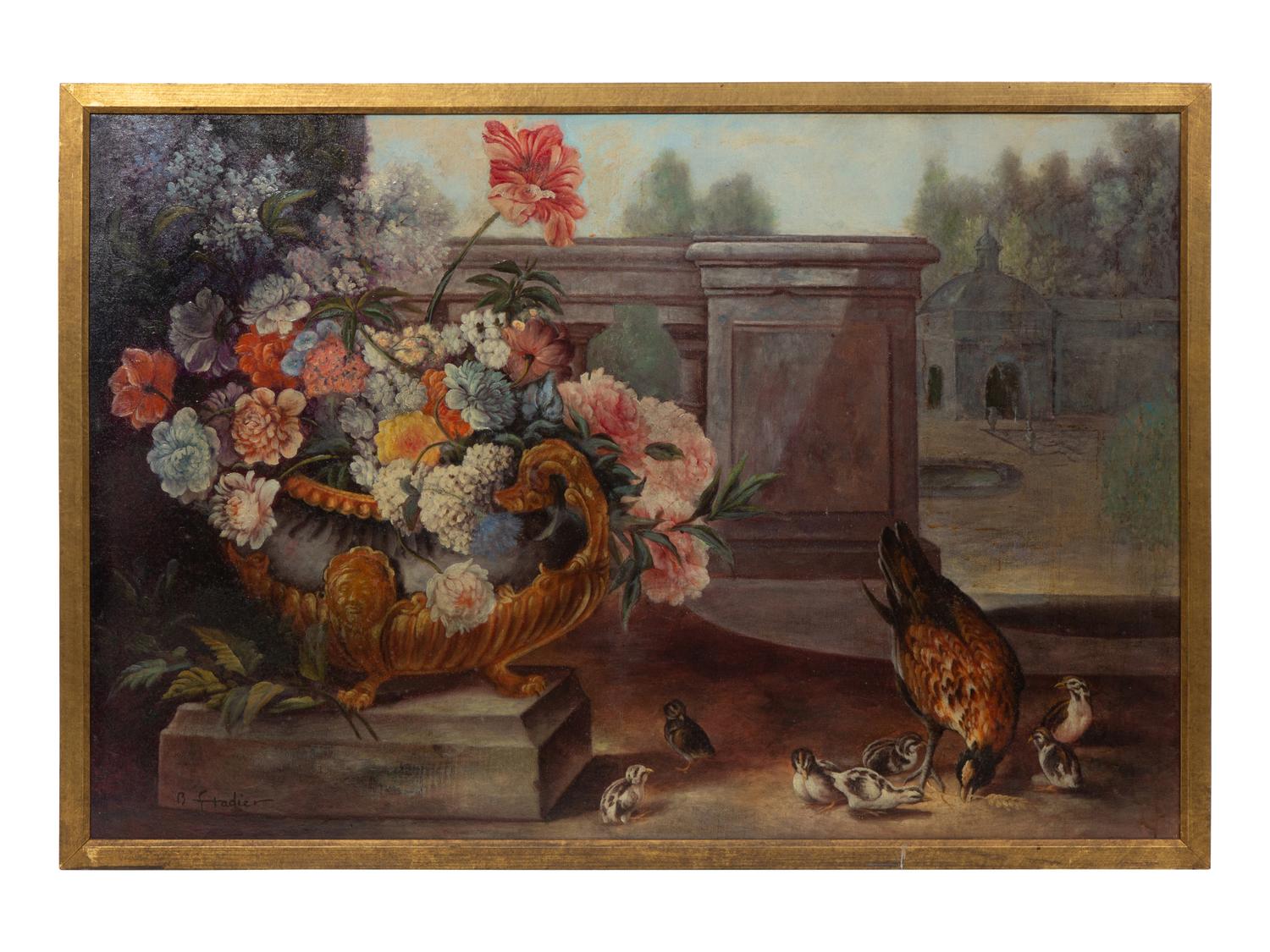 Capriccio with Flowers in a Jardinière and Grouse and her Chicks